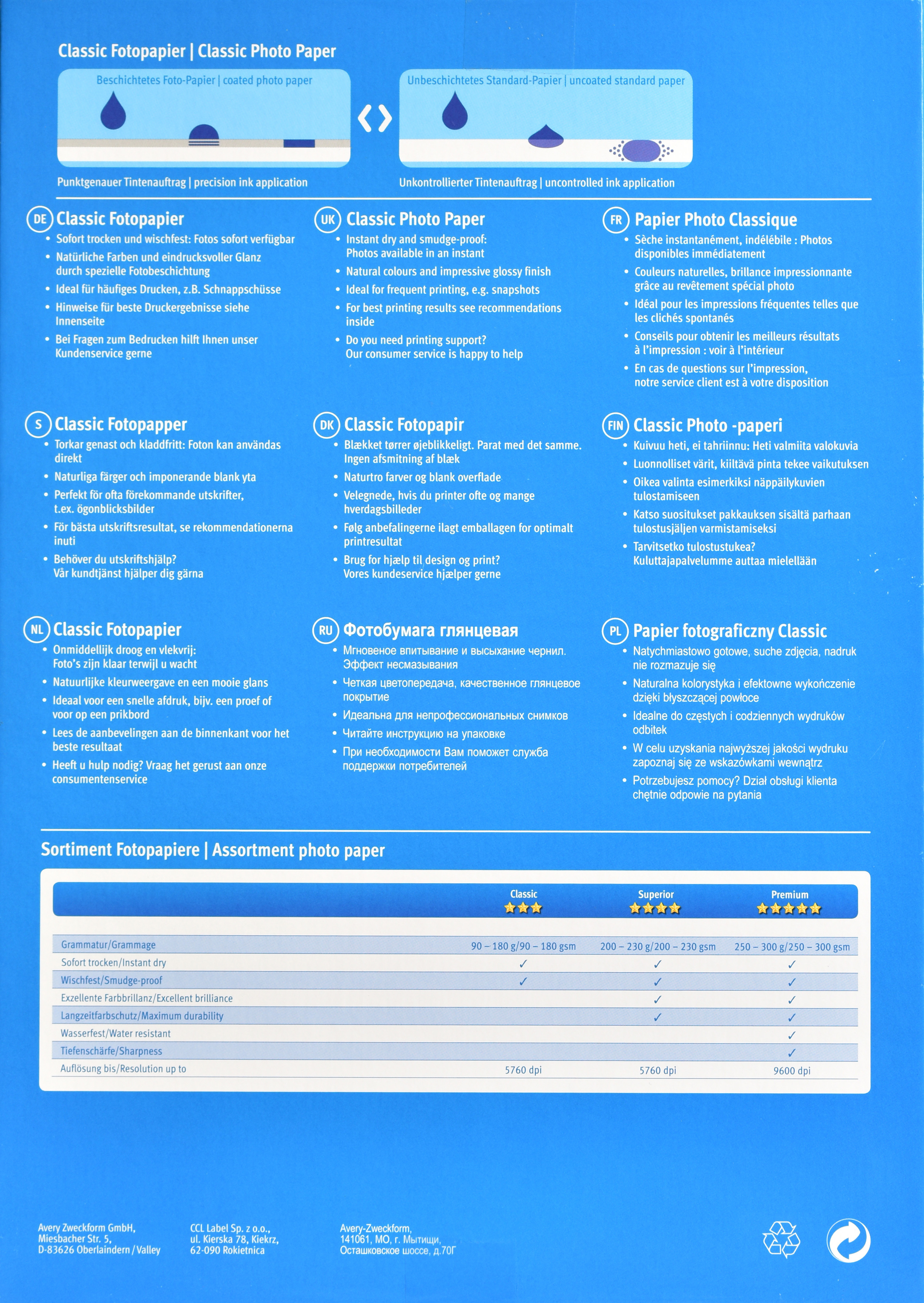Papier z tekstem w wielu językach. Zawiera informacje o klasycznym papierze fotograficznym i jego właściwościach.