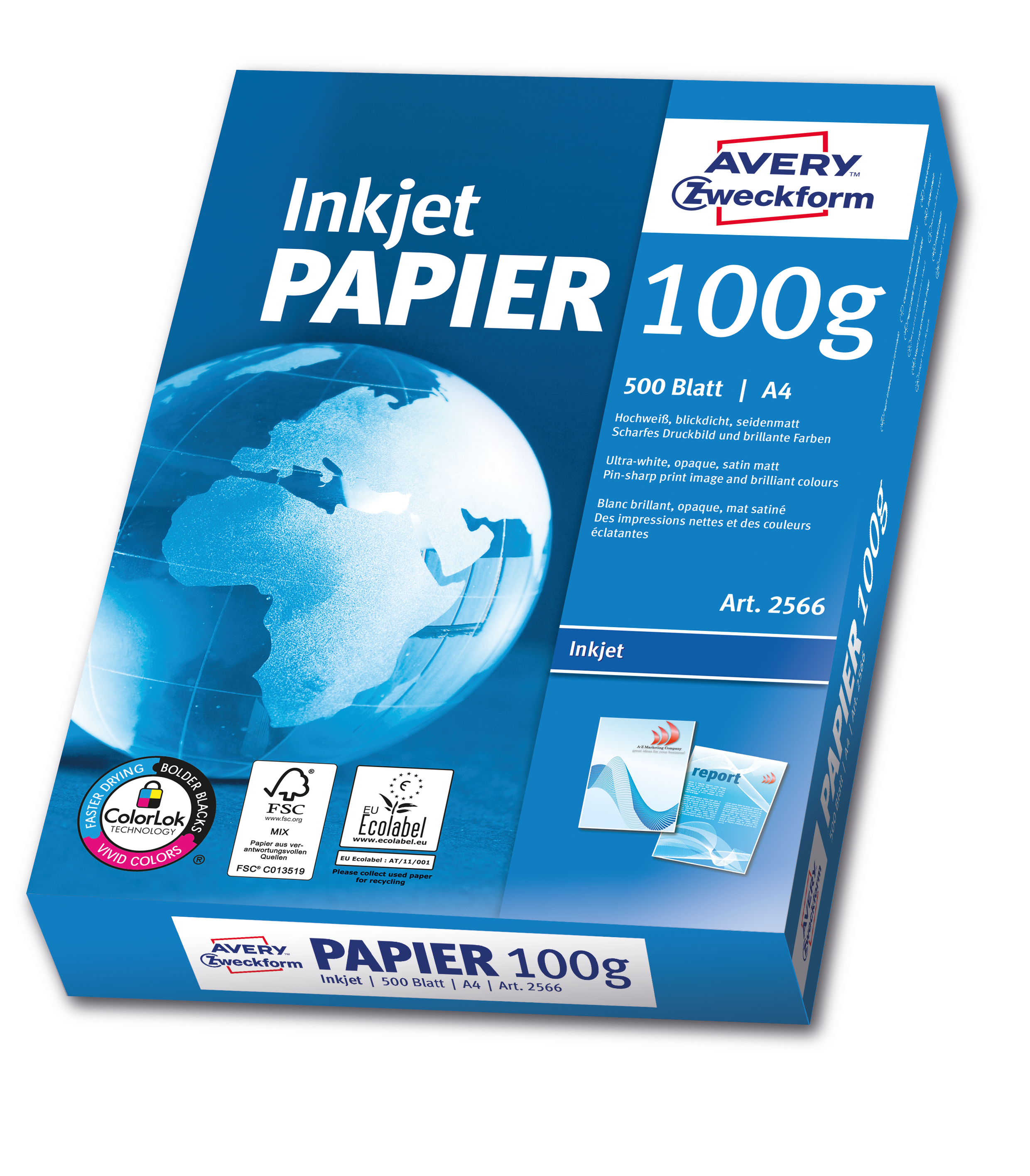 Una scatola blu di carta Avery Zweckform Inkjet, con una mappa del mondo sul davanti.