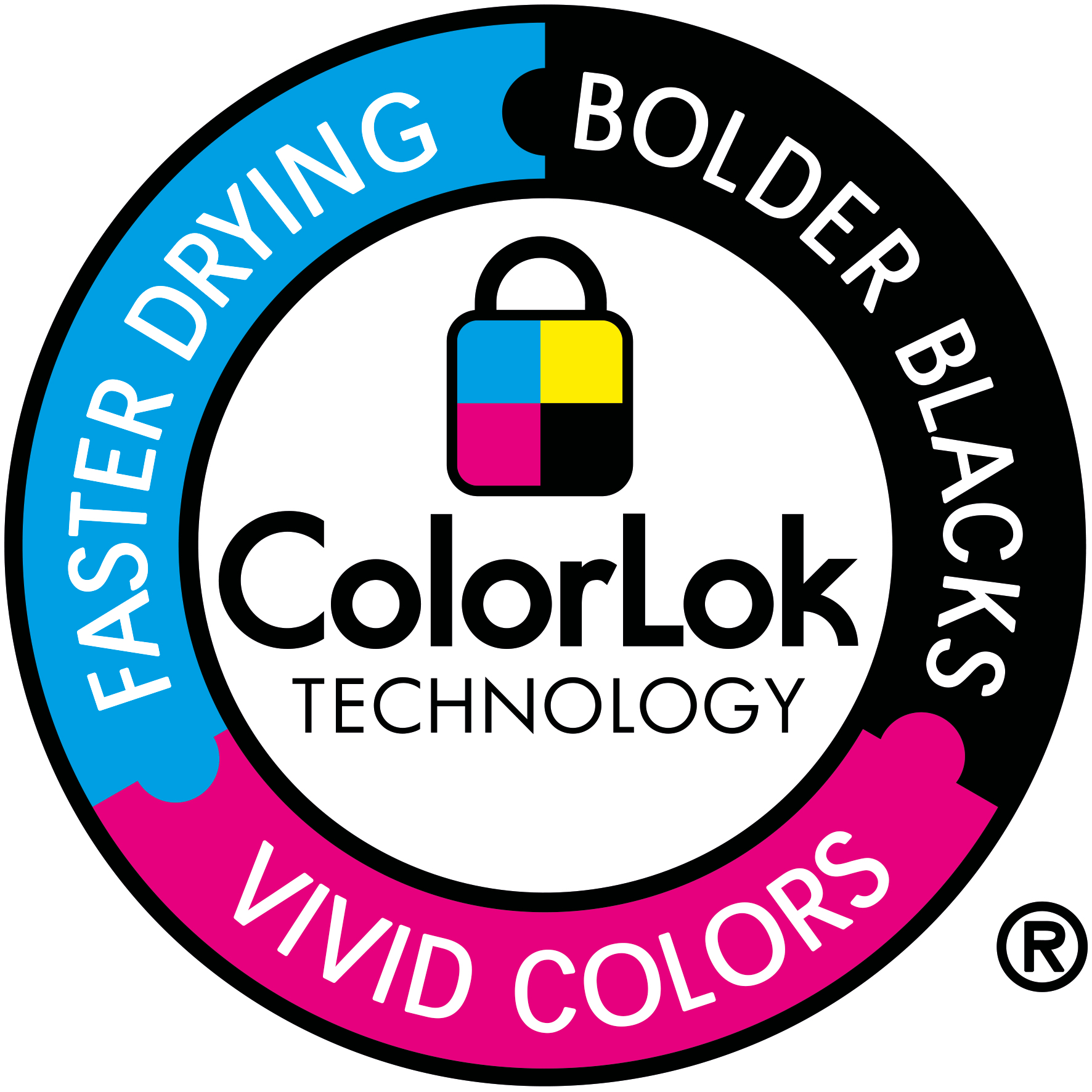 Un logo rotondo con le parole 'ColorLok TECHNOLOGY' e colori blu, giallo, magenta, nero.