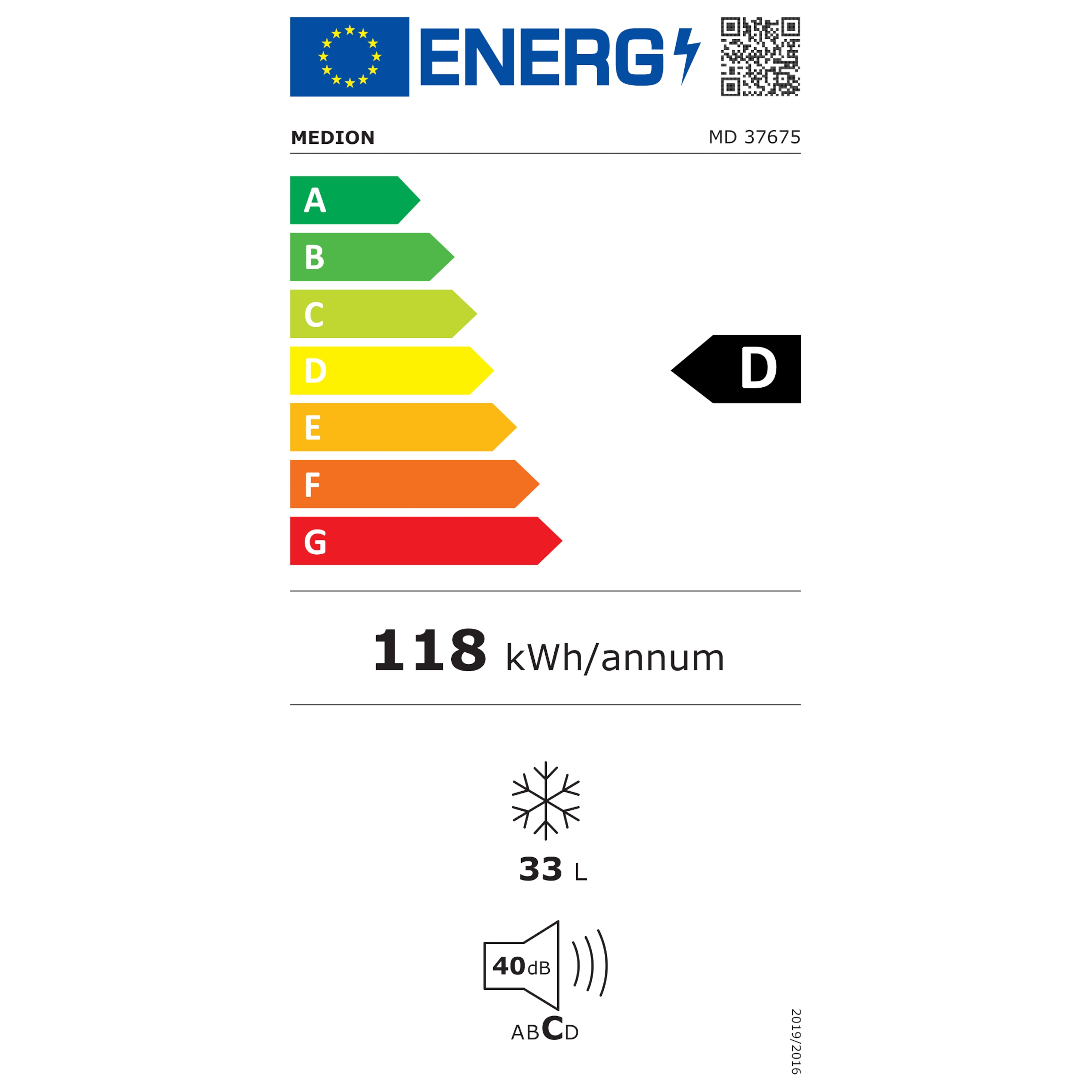 Etykieta energetyczna z klasą efektywności energetycznej D dla lodówki MEDION, z innymi danymi technicznymi.