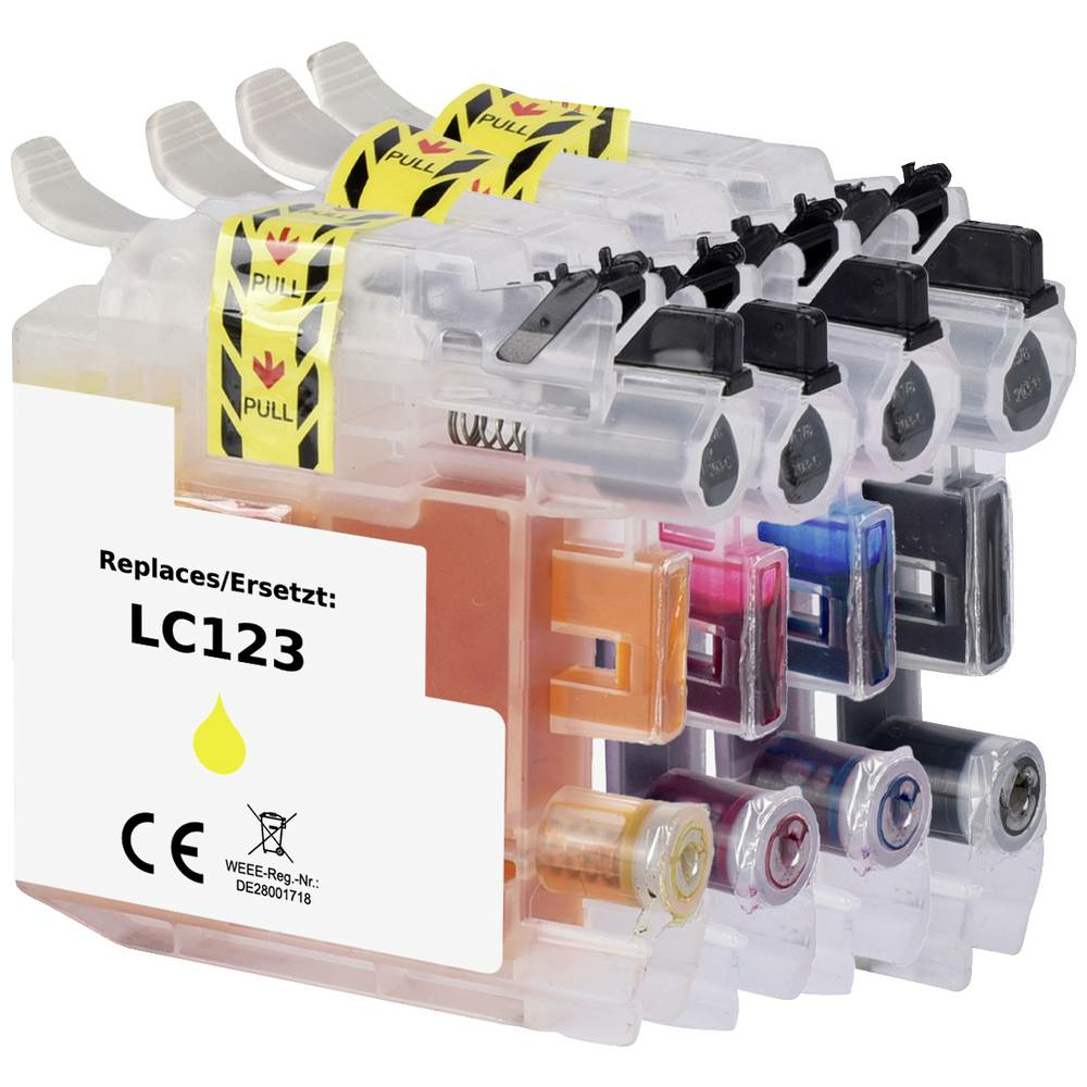 Kartridże z tuszem, grupa kolorowych kartridży z tuszem na białym tle.