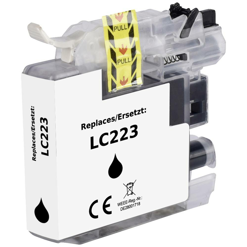 Cartuccia d'inchiostro con etichette a strappo, corpo bianco con gocce d'inchiostro nero e testo LC223.
