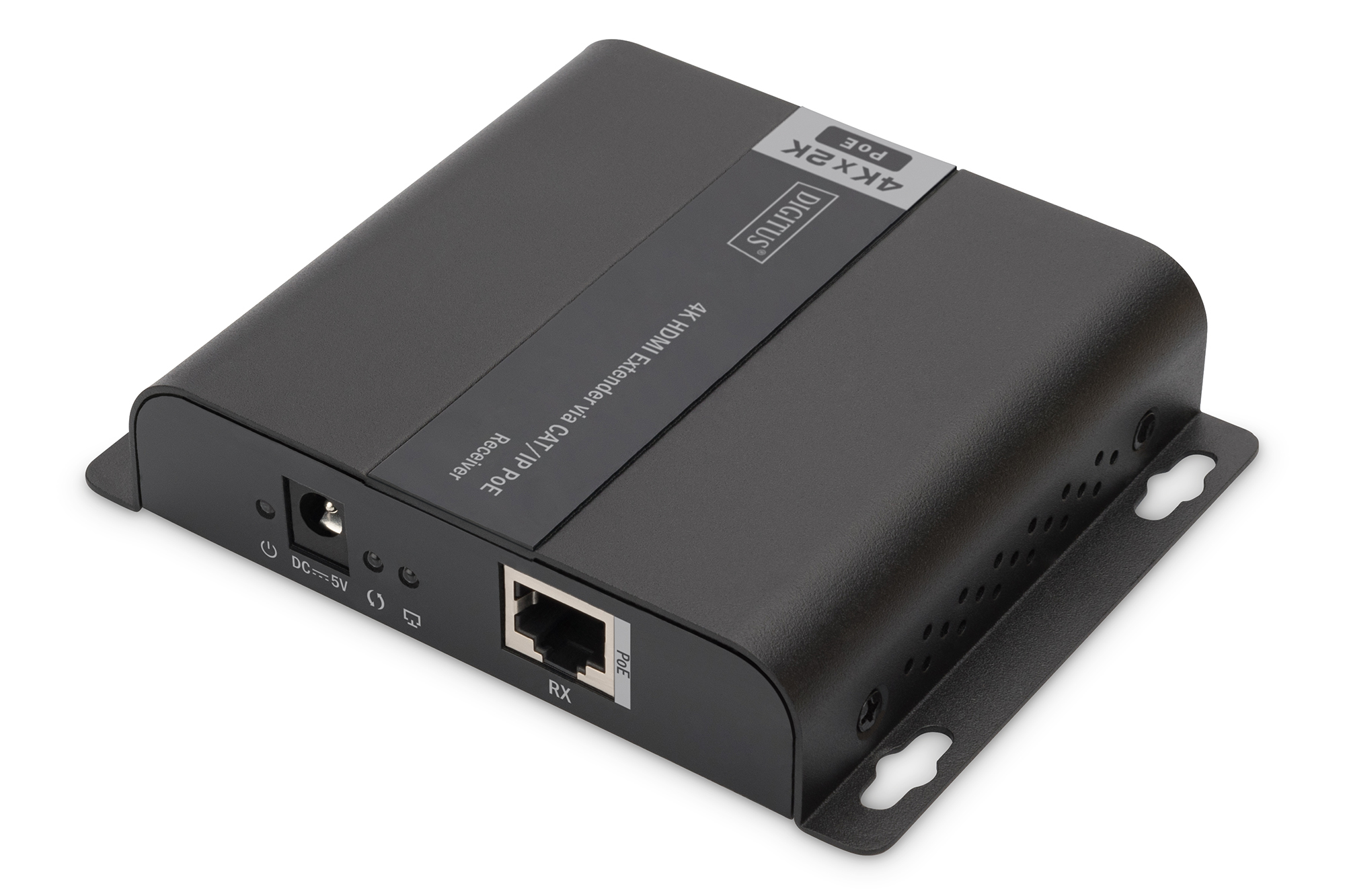 Schwarzer HDMI-Extender mit Anschlüssen und Beschriftungen.