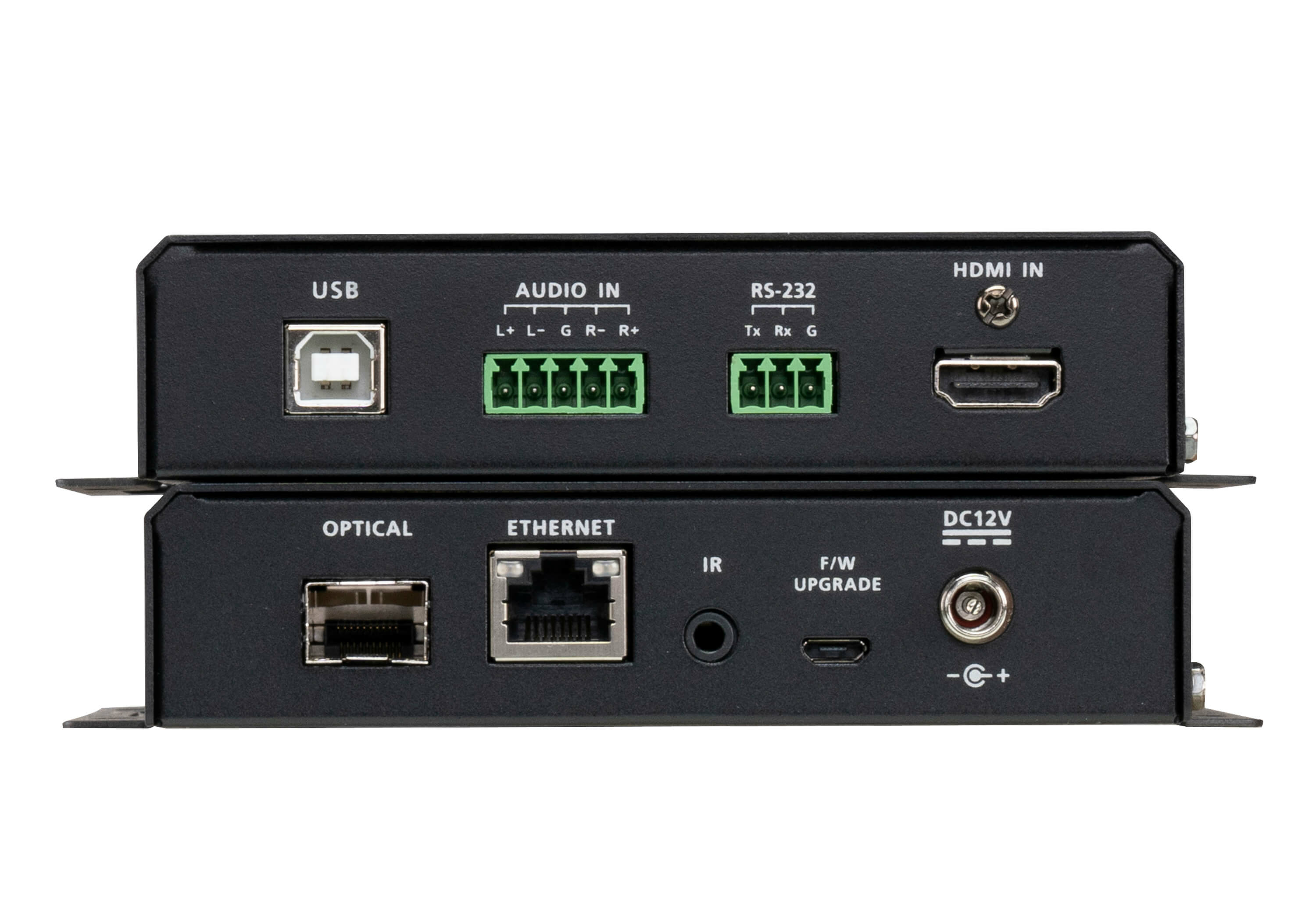 Zwei gestapelte schwarze elektronische Geräte mit verschiedenen Anschlüssen, USB, optisch, Ethernet, HDMI.