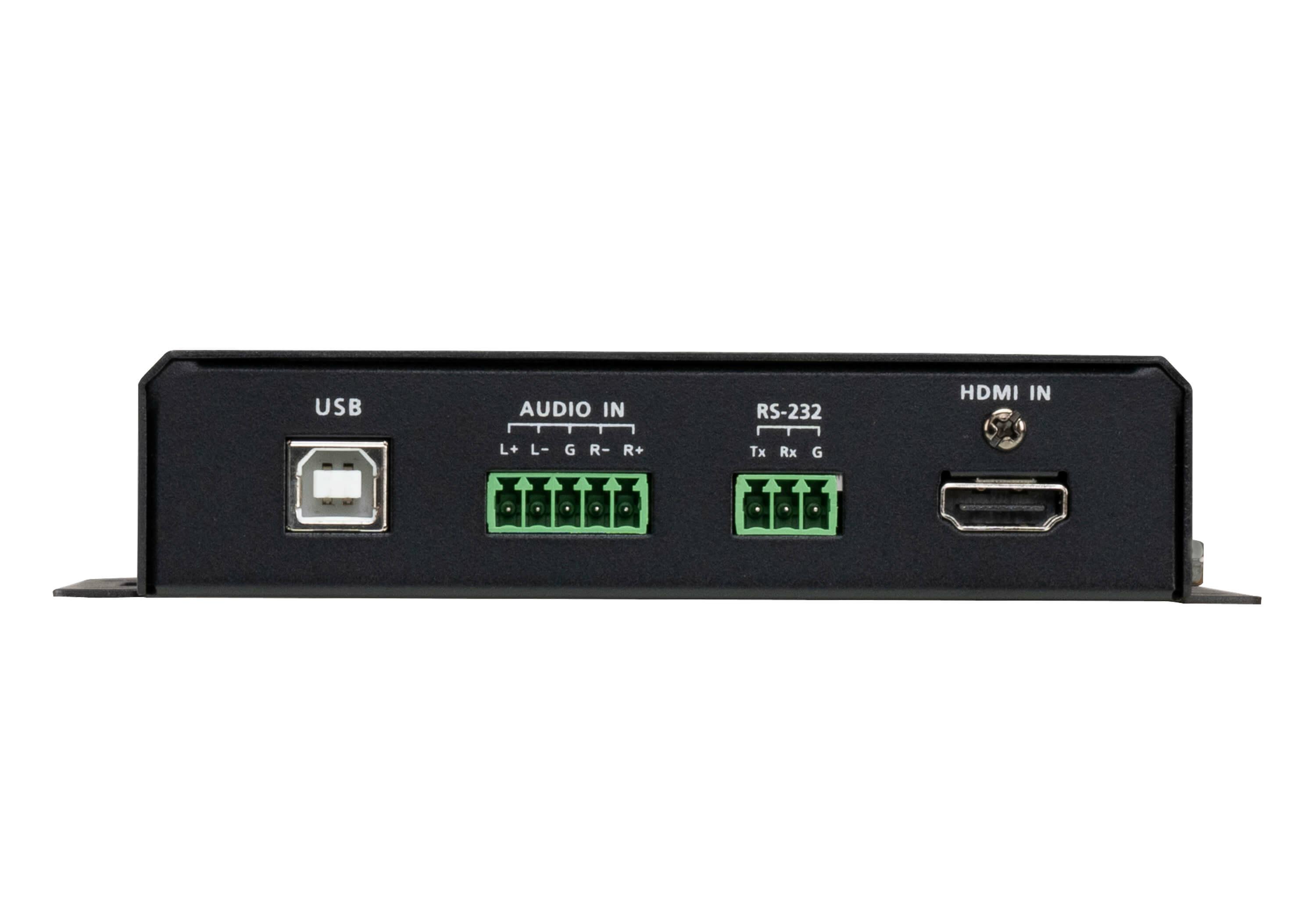Czarne urządzenie z portami USB, wejściem audio, RS-232 i HDMI. Porty są opisane.