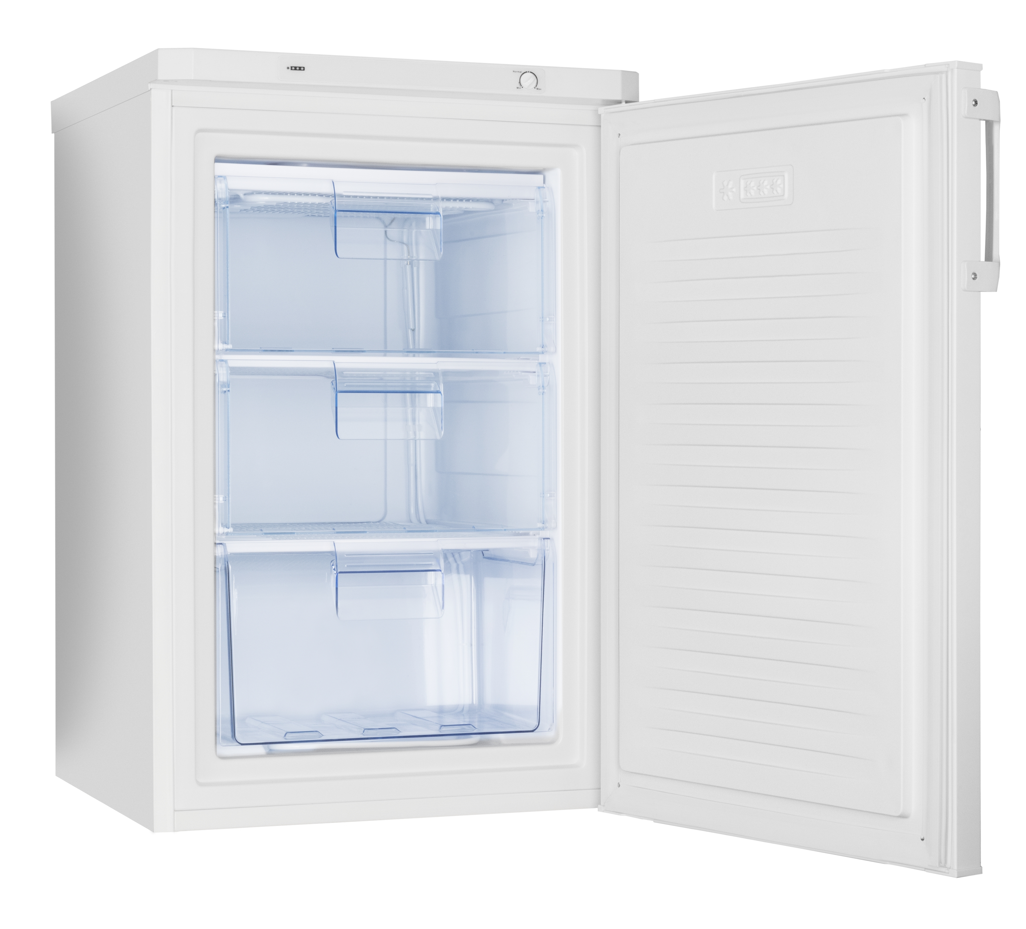 Biała zamrażarka z otwartymi drzwiami, odsłaniająca szuflady.