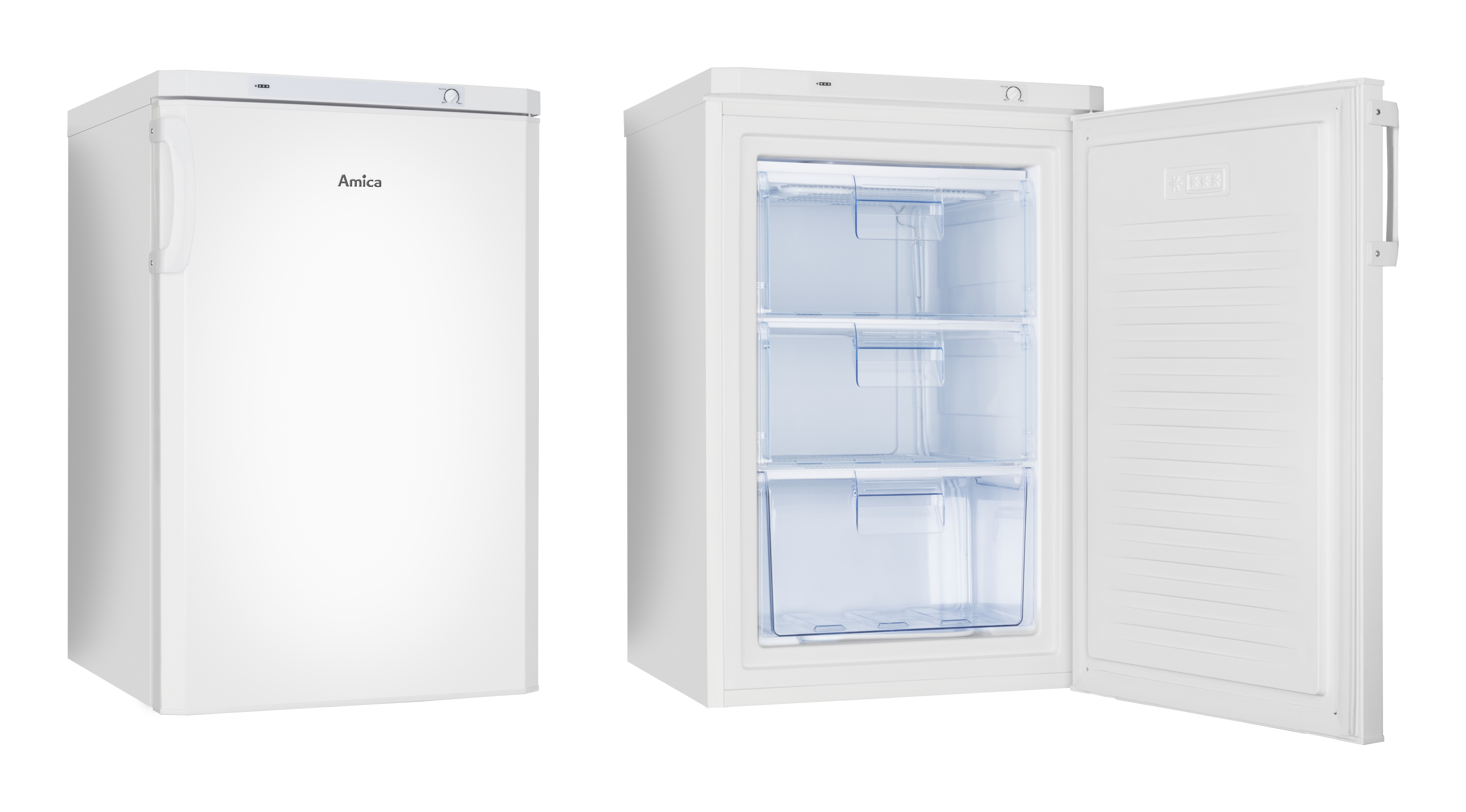 Biała lodówka z otwartymi drzwiami pokazującymi półki i szuflady oraz zamkniętymi.