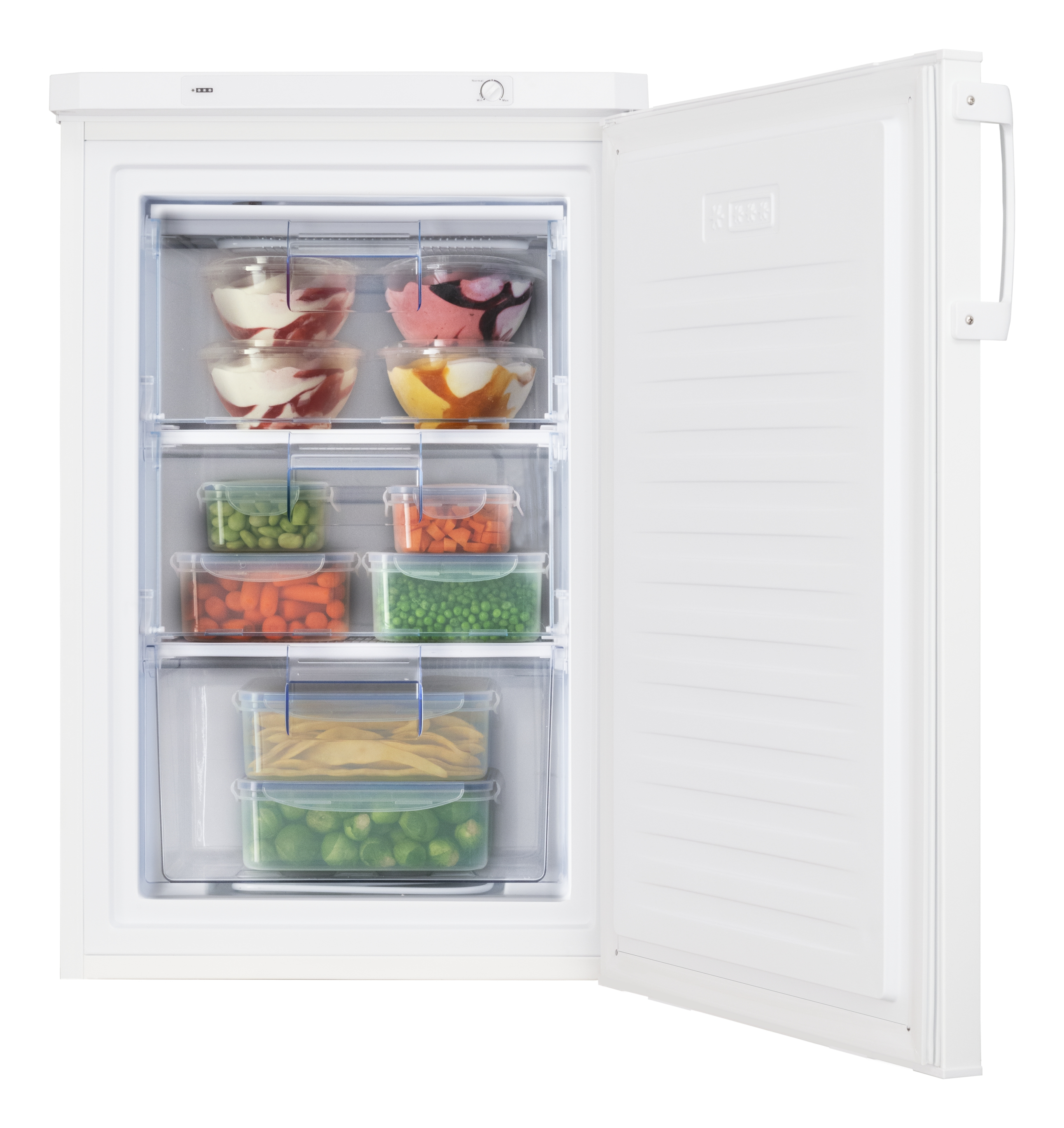 Zamrażarka z otwartymi drzwiami, pokazująca różne pojemniki z zamrożoną żywnością.