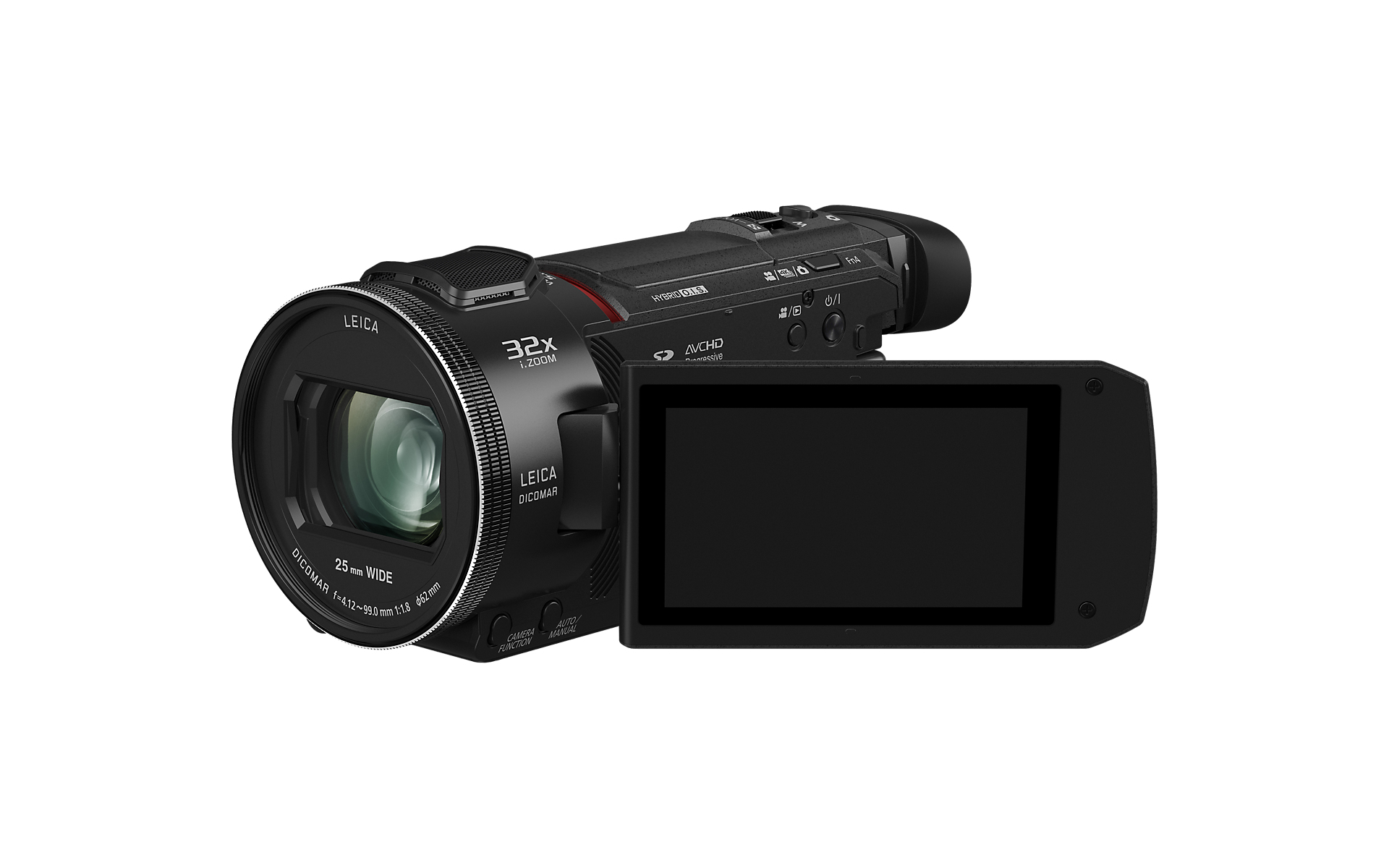 Eine schwarze Videokamera mit geöffnetem Display.