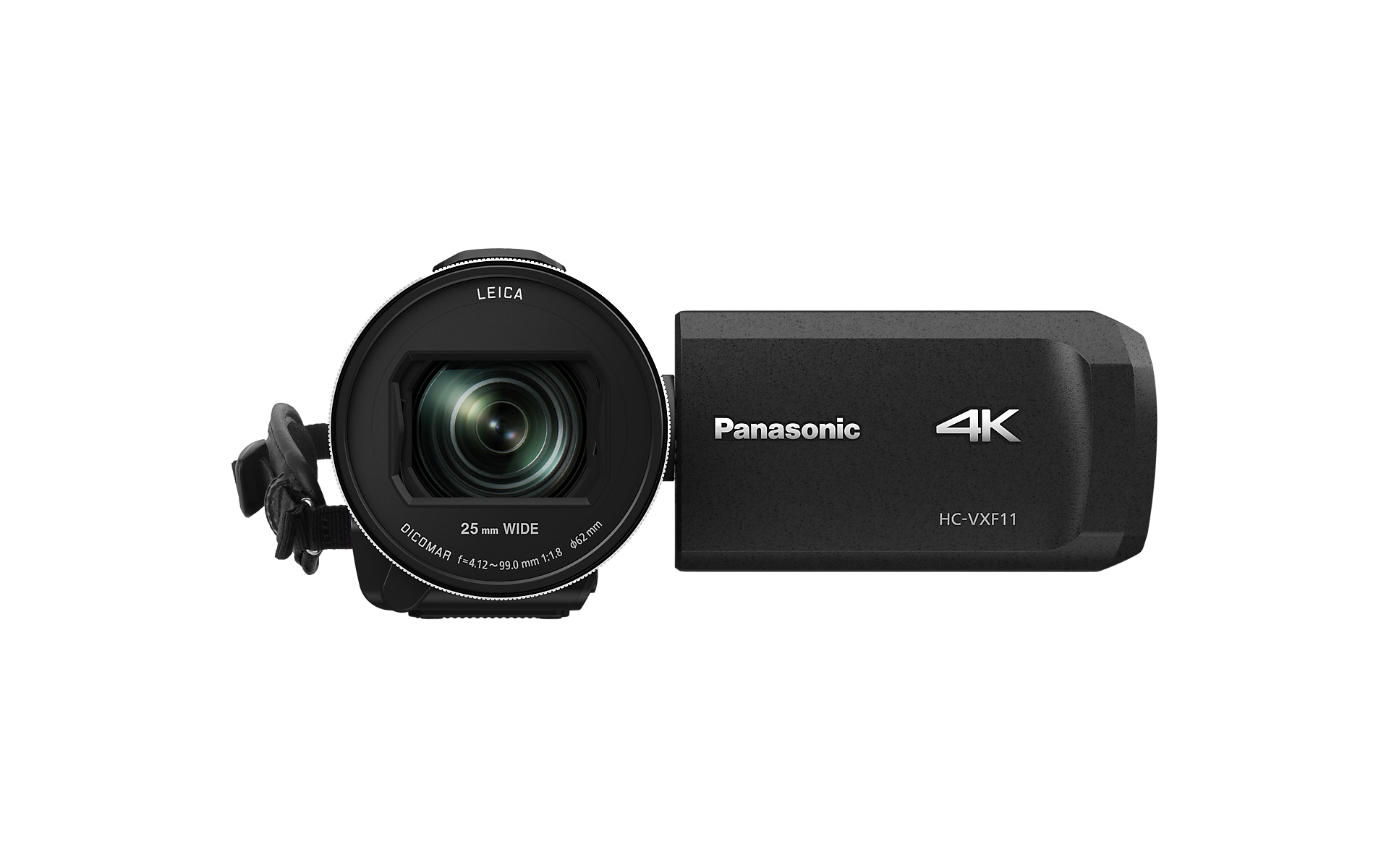 Eine schwarze Panasonic 4K-Videokamera. Sie hat ein Objektiv und Bedienelemente.