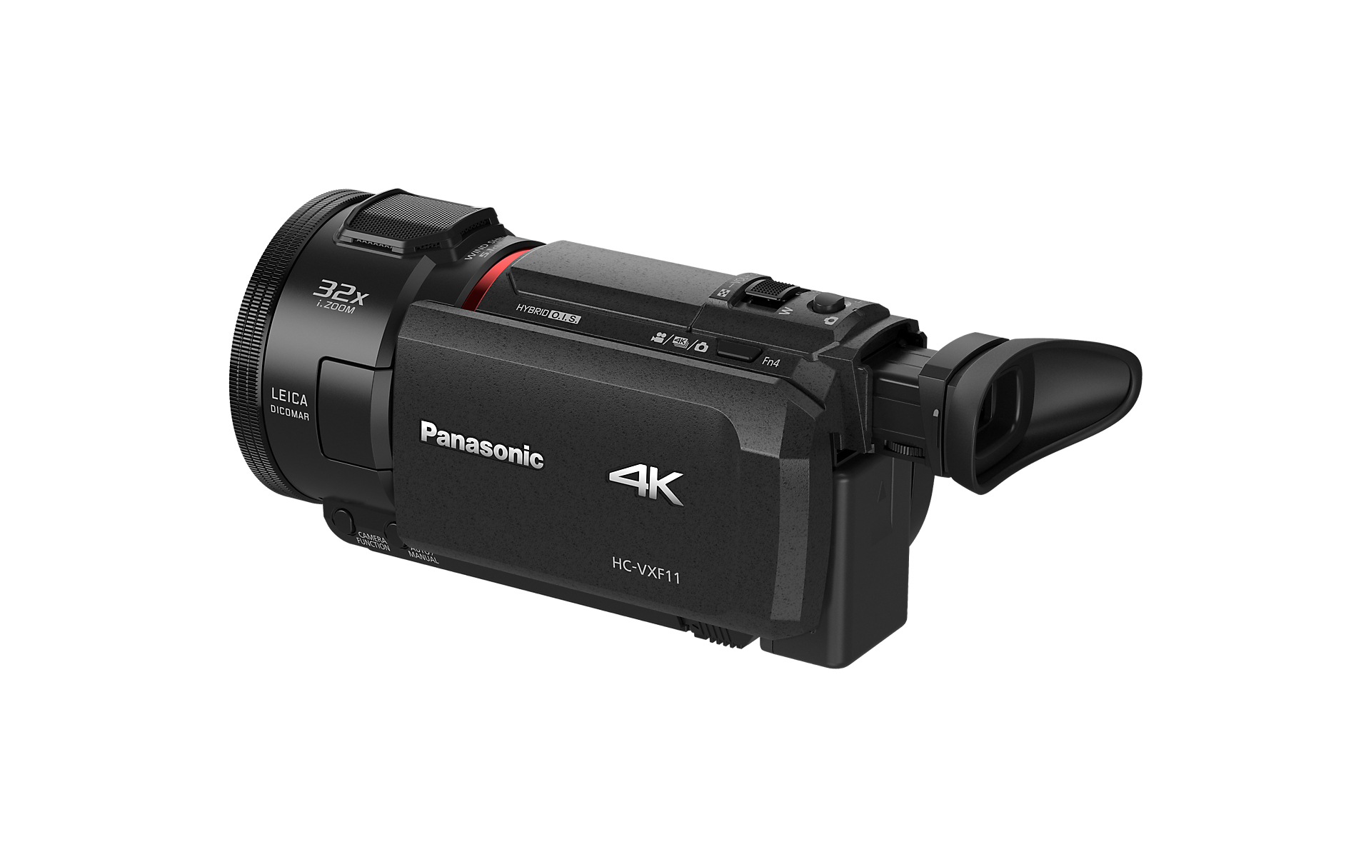 Schwarze Kamera mit 32x Zoom und 4K. Es ist auf Weiß isoliert.