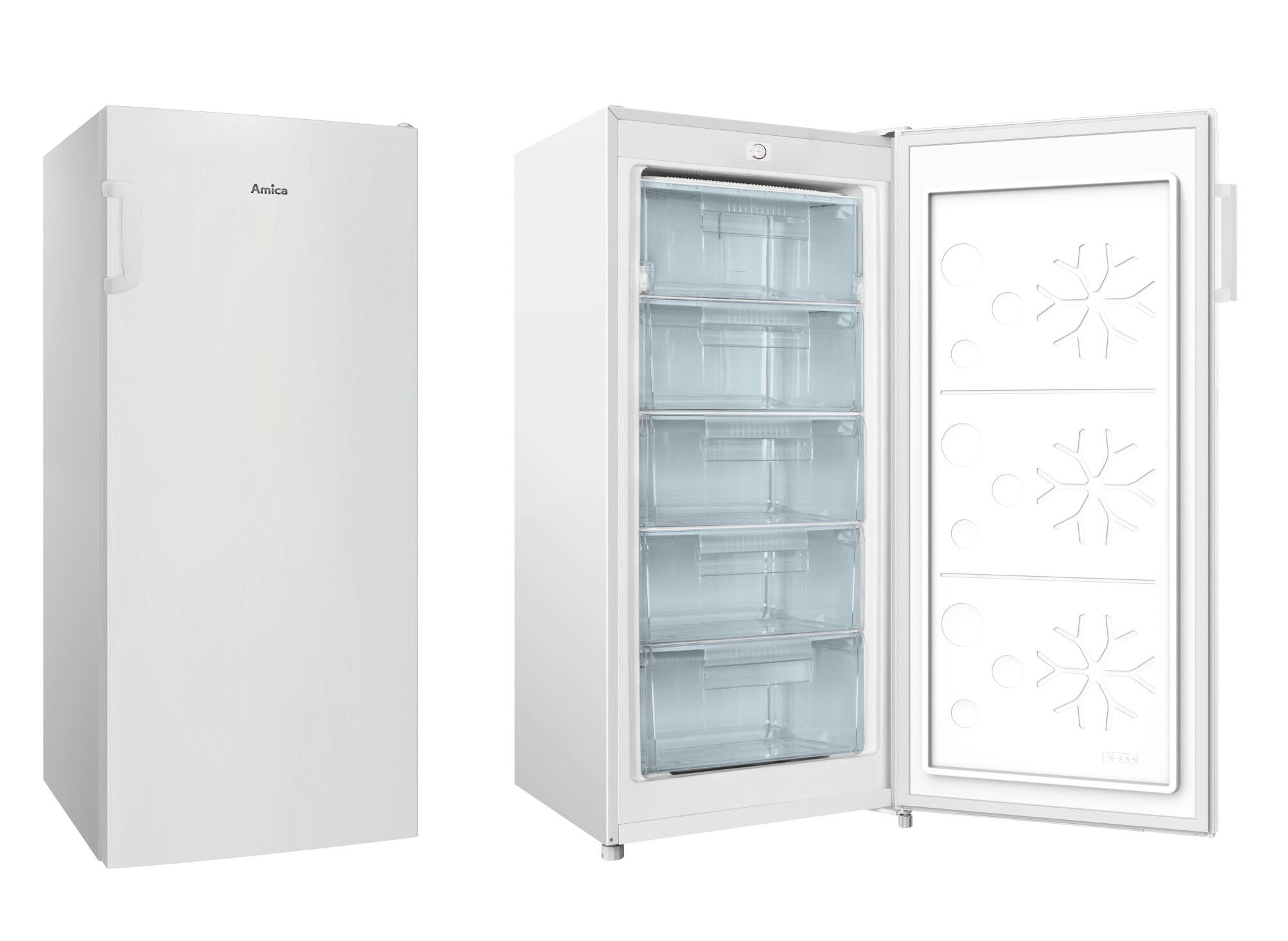Weißer Kühlschrank, eine Seite geschlossen, die andere offen mit Regalen und Schubladen.