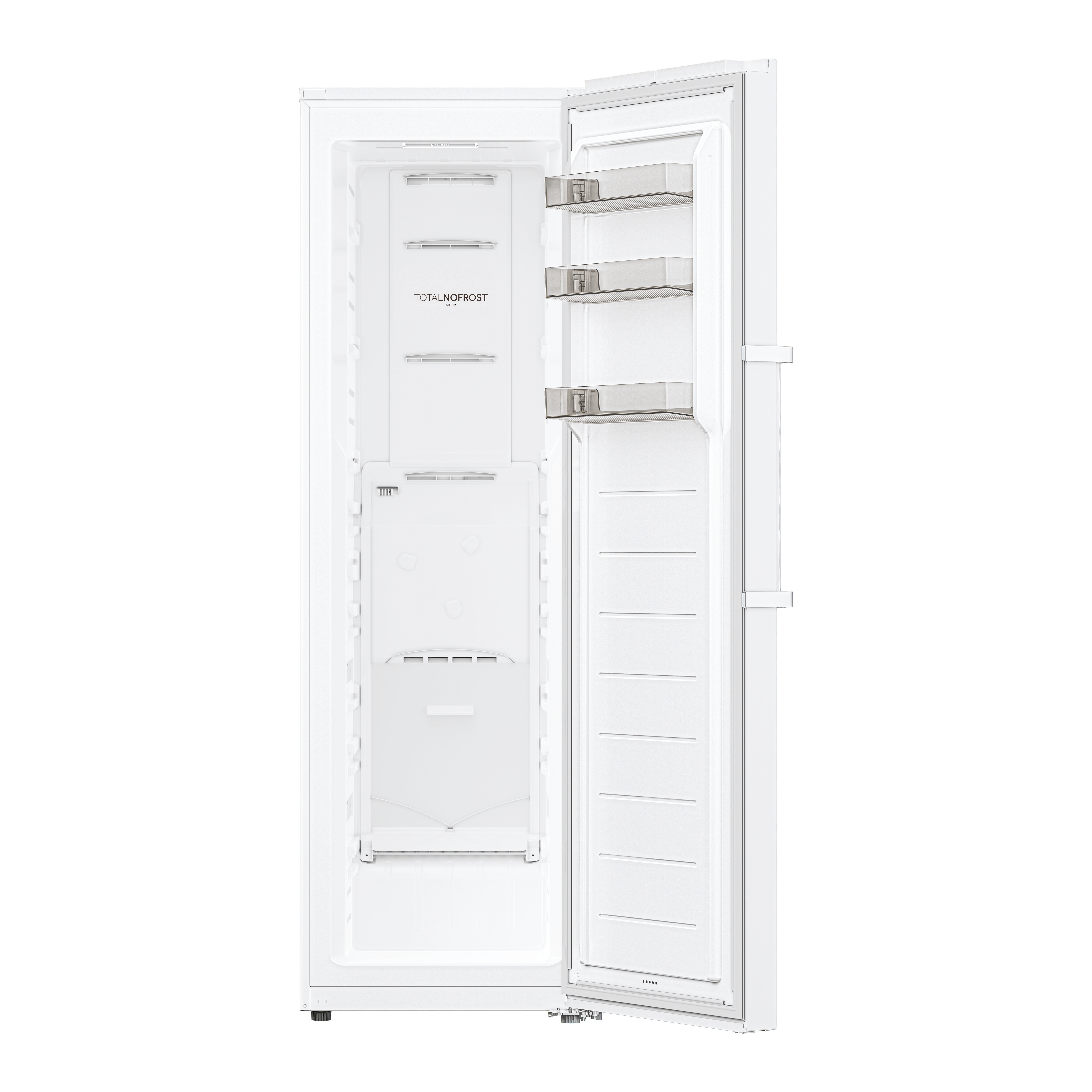 Weißer Gefrierschrank, offen, mit leeren Fächern. Weiße Innenausstattung. Weißer Hintergrund.