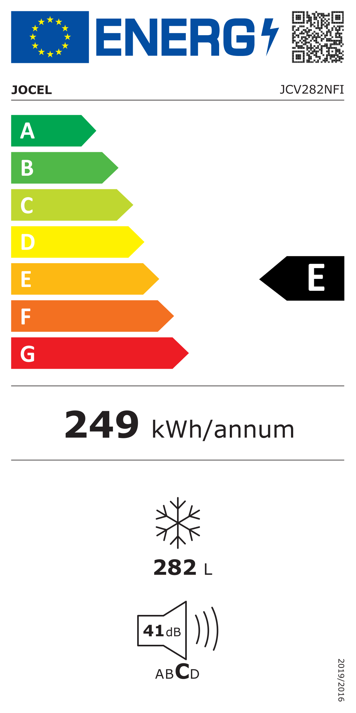 Etiqueta energética para un frigorífico JOCEL, clase E, 249 kWh/año, 282L, ruido 41dB.