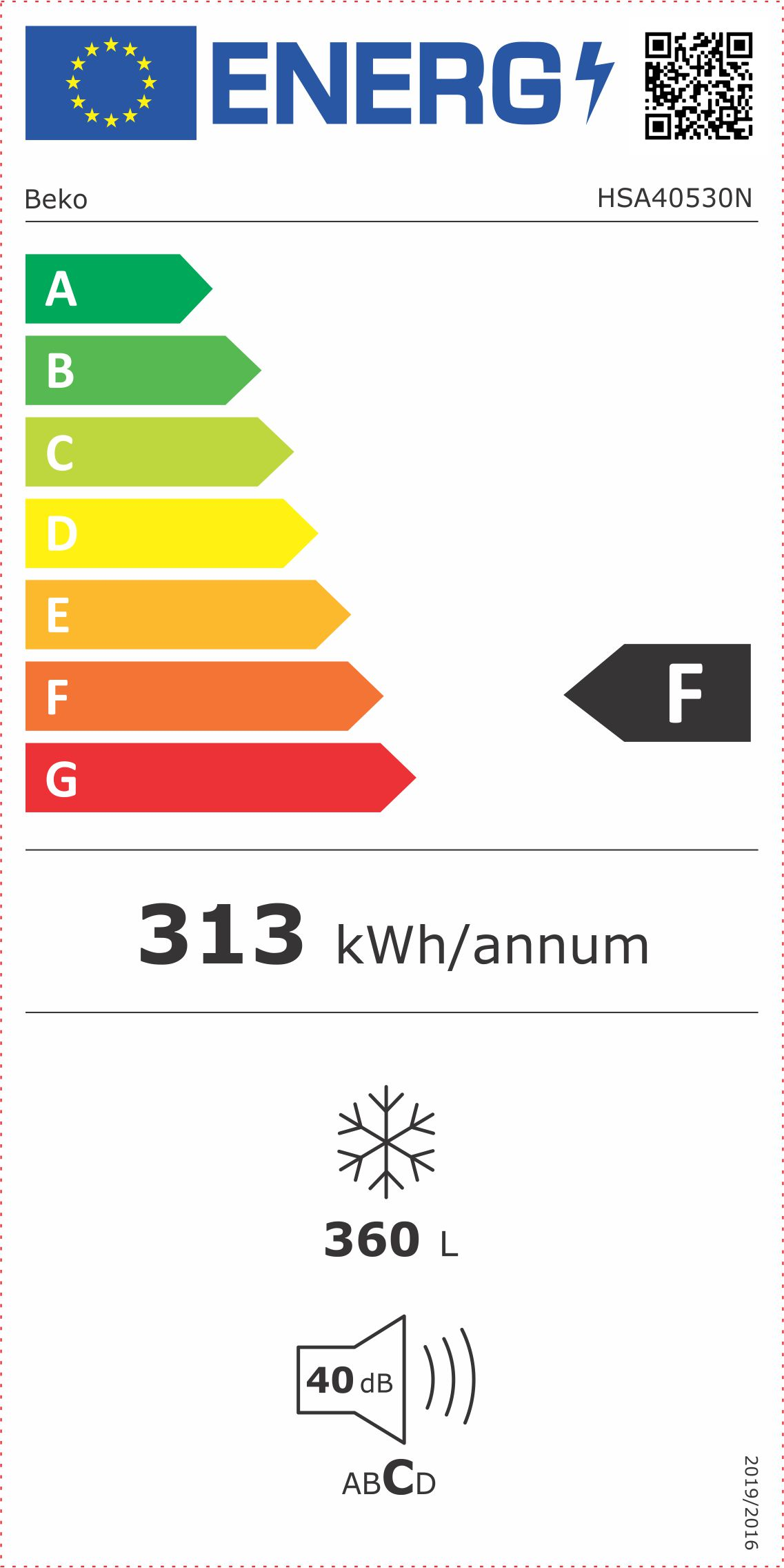 Etichetta energetica Beko, classe F, con 313 kWh/anno. Capacità del frigorifero: 360 L.