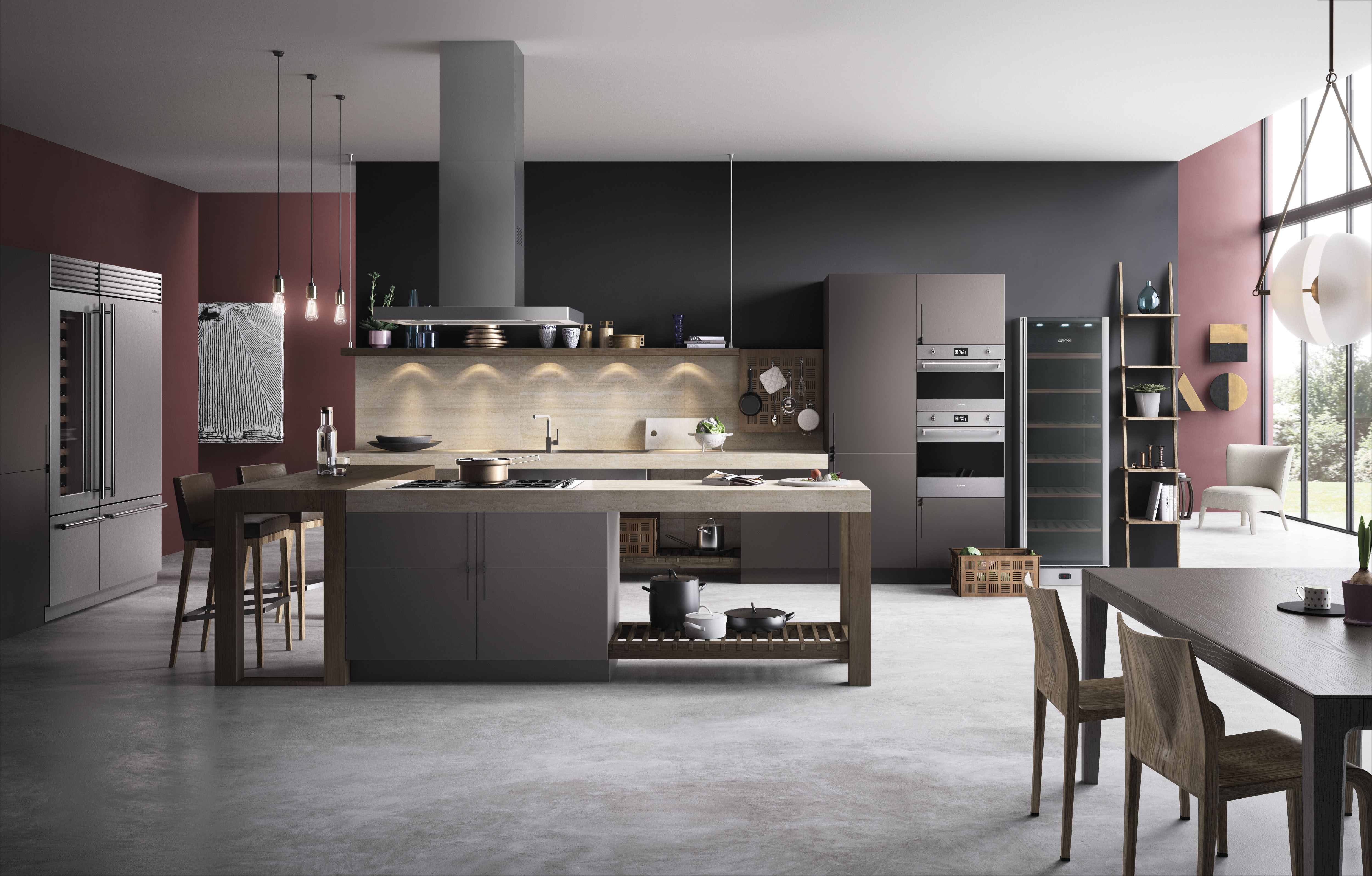 Una cocina moderna con isla, armarios, electrodomésticos y comedor. La paleta de colores son tonos neutros.
