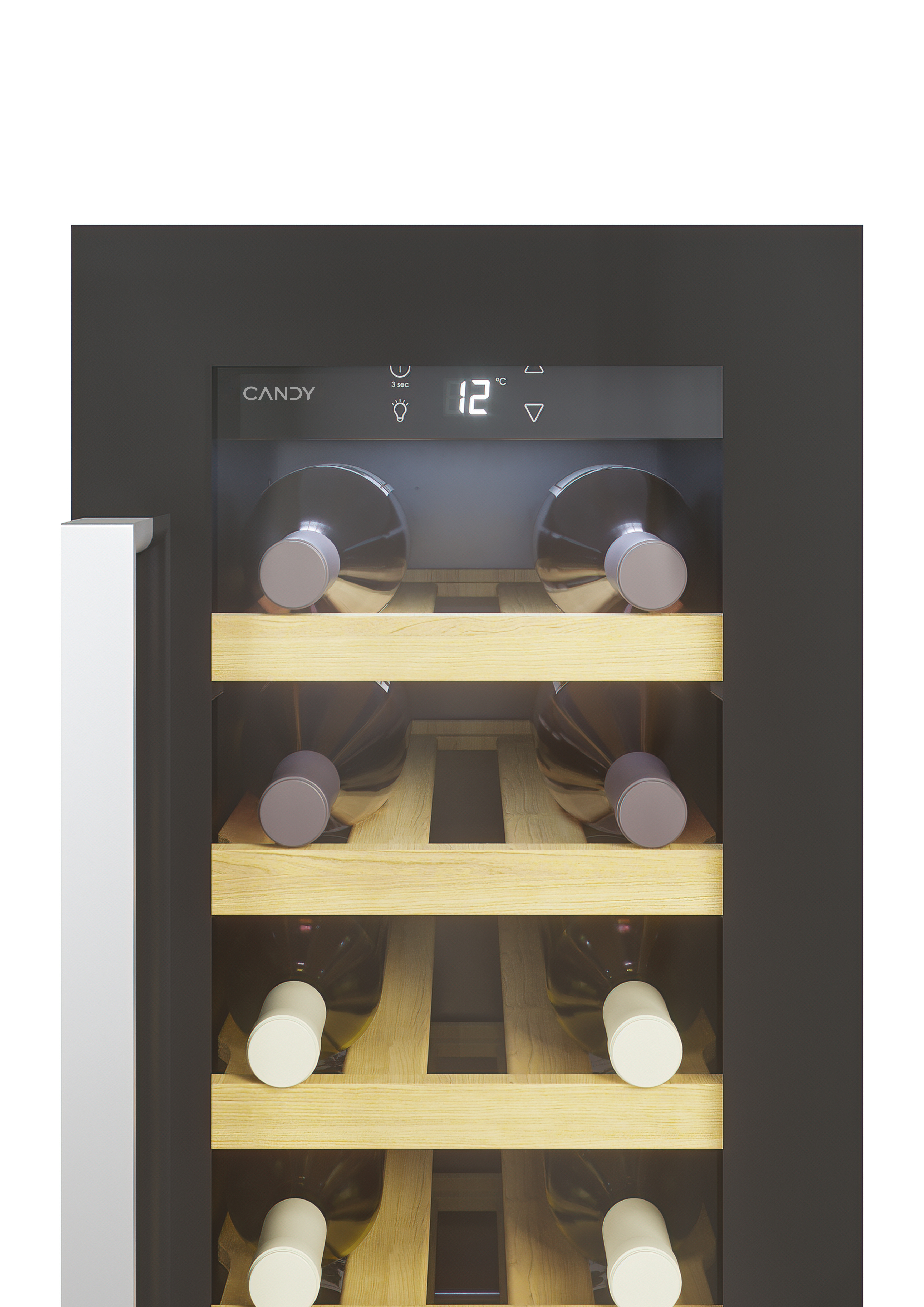 A wine cooler with wooden shelves and several wine bottles inside, set against a dark backdrop.
