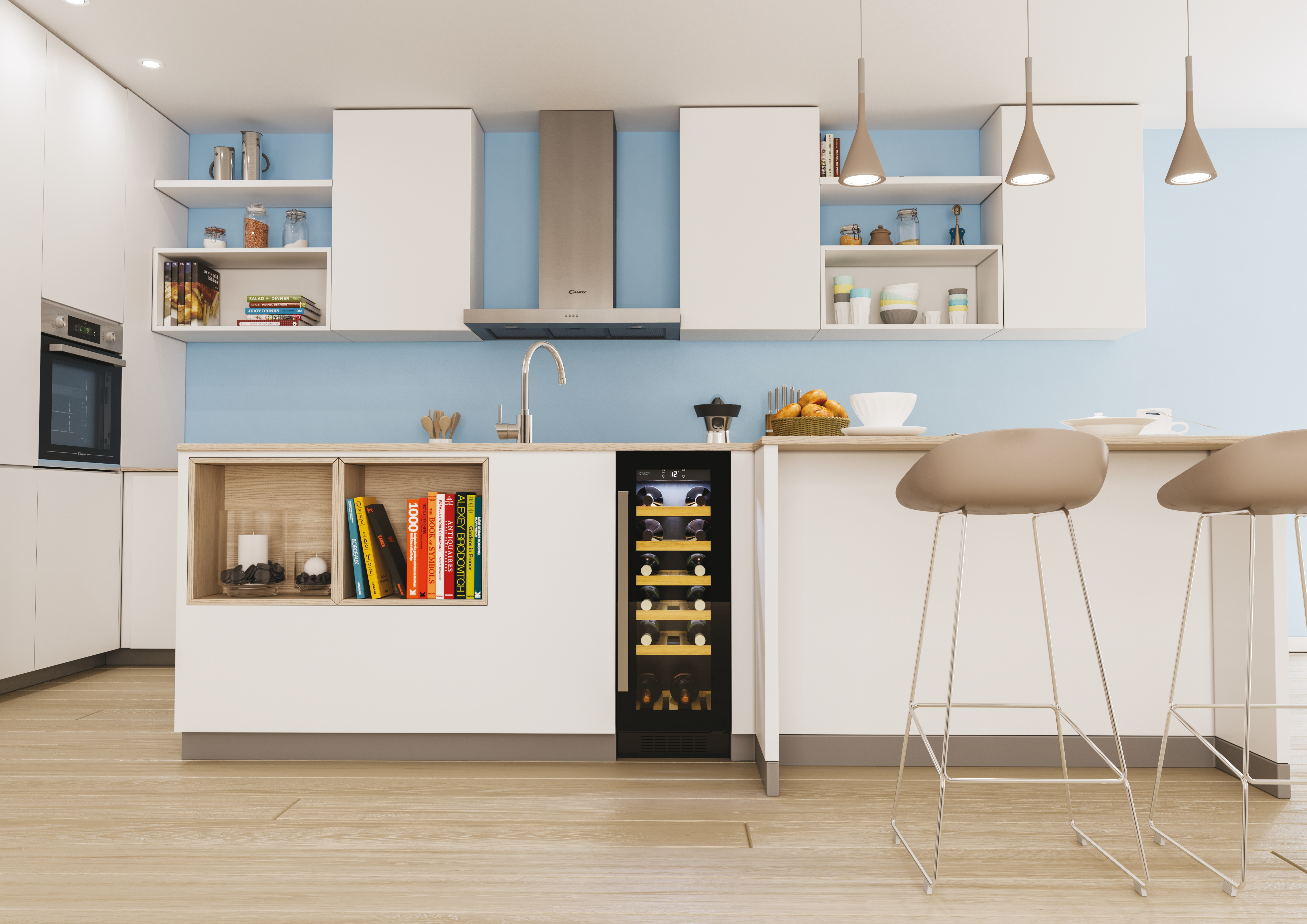 Modern kitchen with white cabinets, blue wall, wine fridge, and stools.
