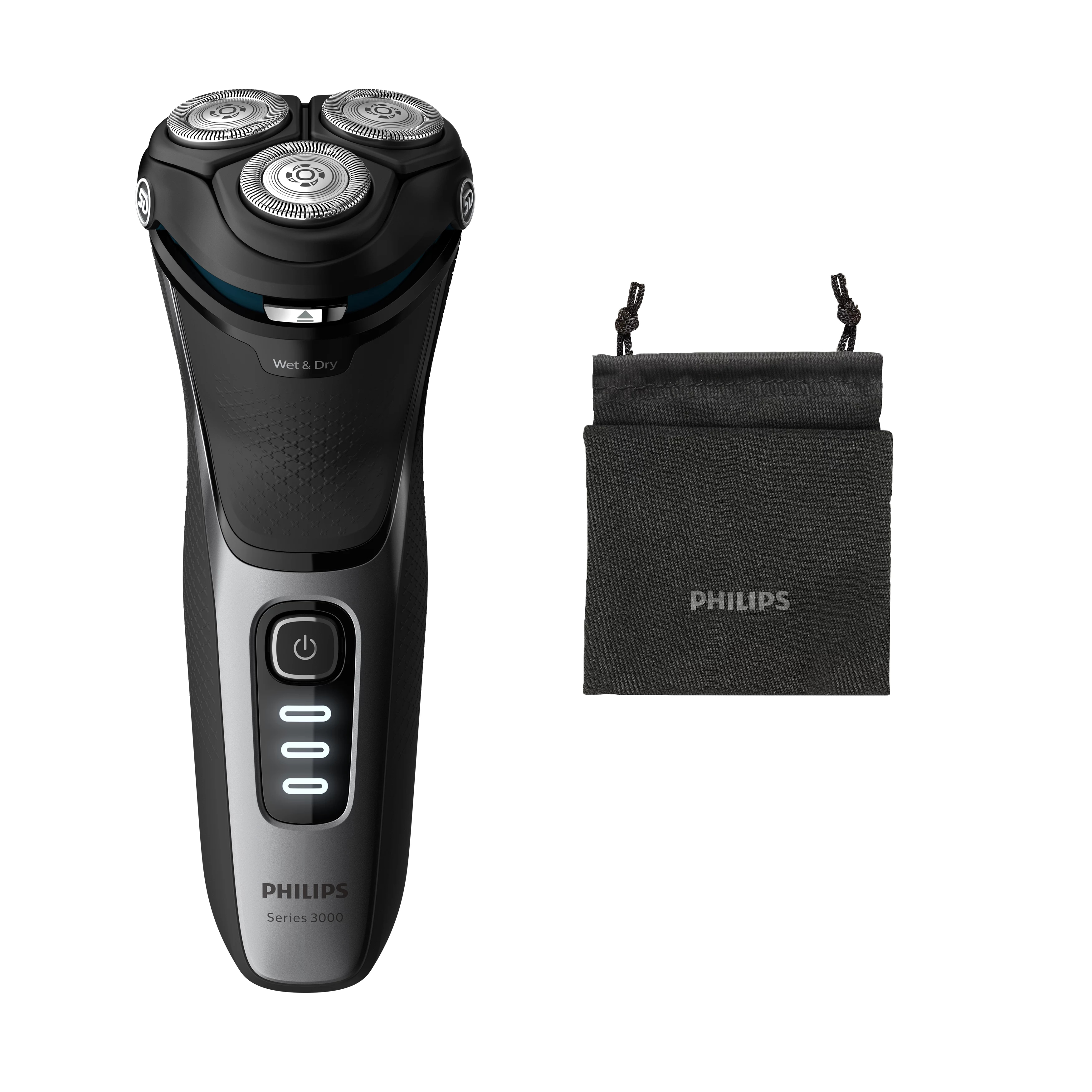 Afeitadora eléctrica negra Philips Serie 3000 con tres cabezales, botón de encendido y bolsa de viaje.