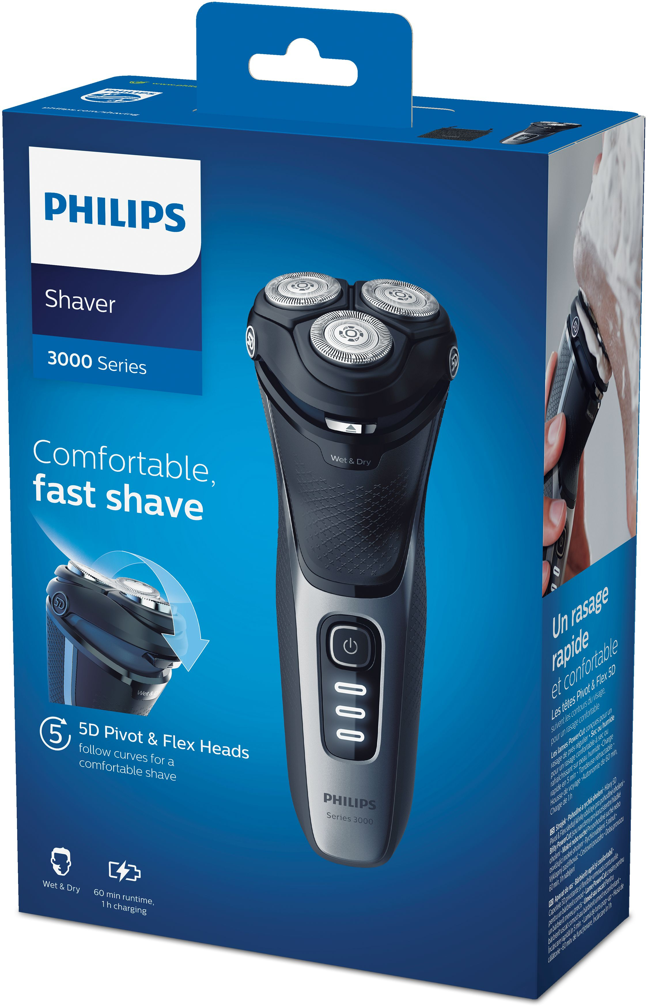 Una afeitadora eléctrica Philips en caja con características y beneficios mostrados en el empaque.