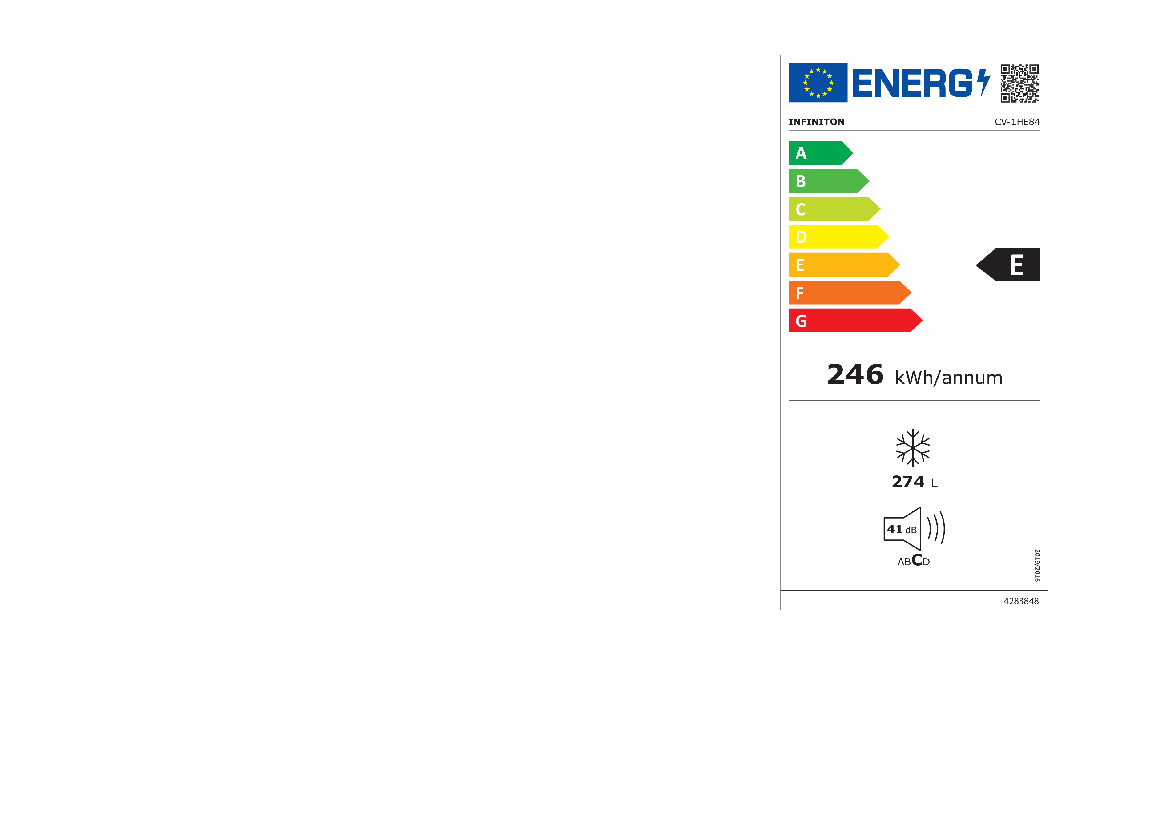 Etiqueta energética de un frigorífico Infiniton, clase de eficiencia E.