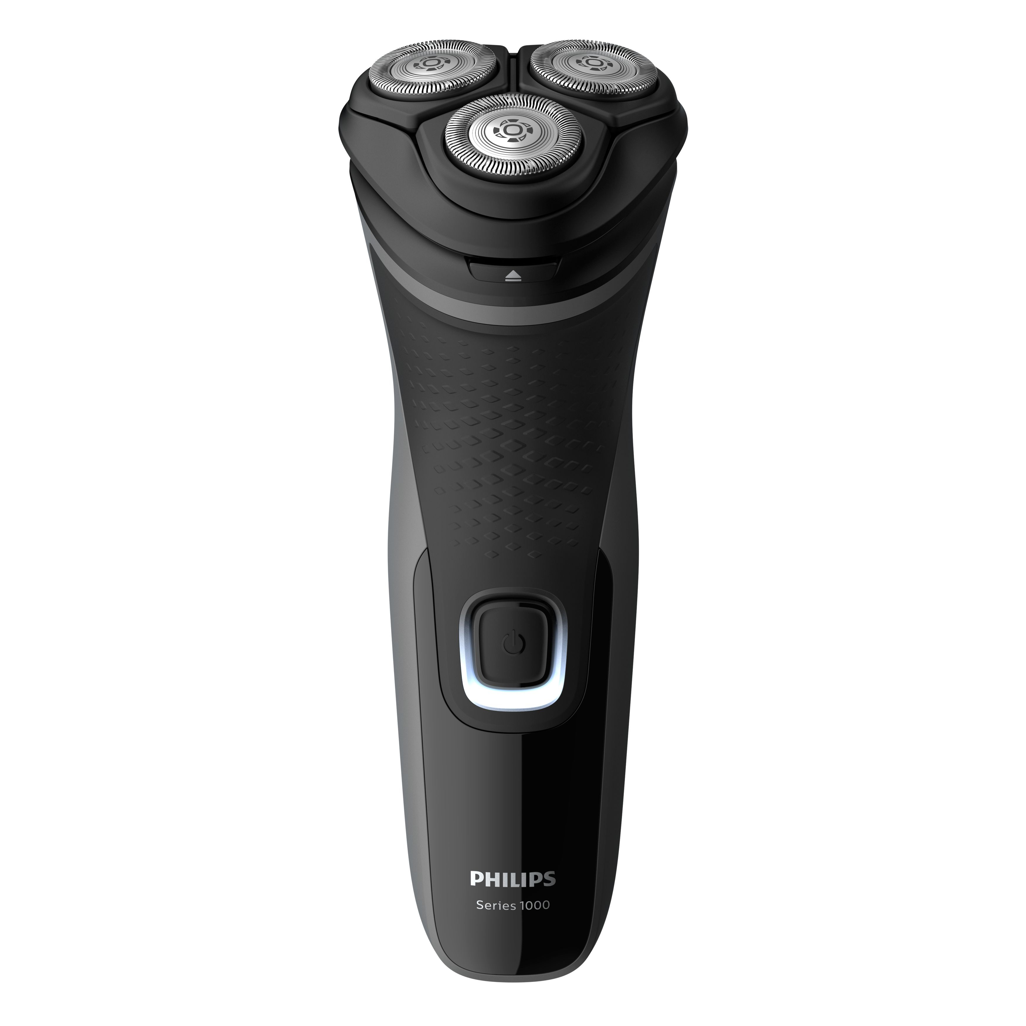 Rasoio elettrico Philips nero e grigio, tre testine rotanti, sfondo bianco.