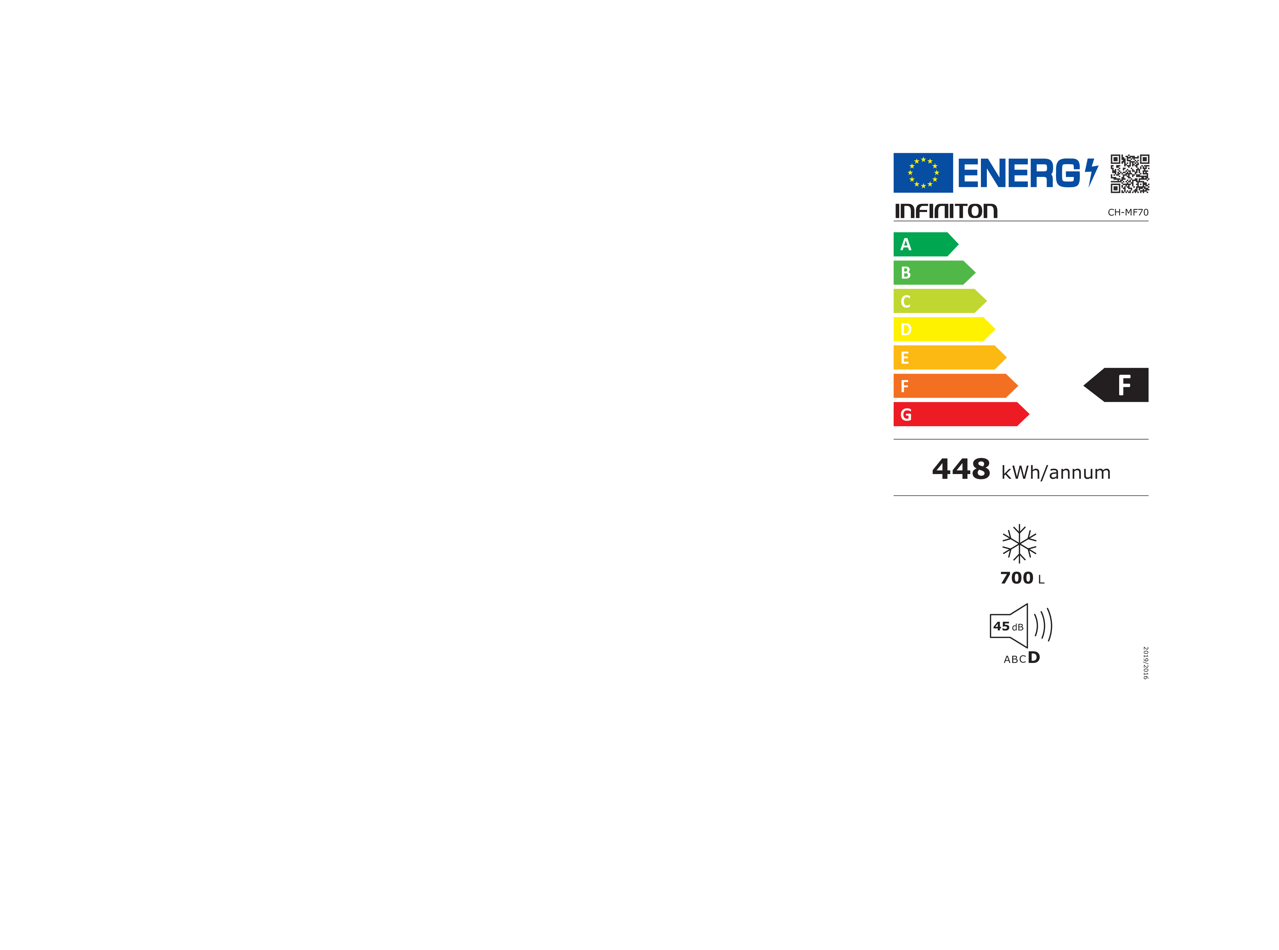Etiqueta energética para congelador Infinition. Muestra eficiencia, kWh y detalles.