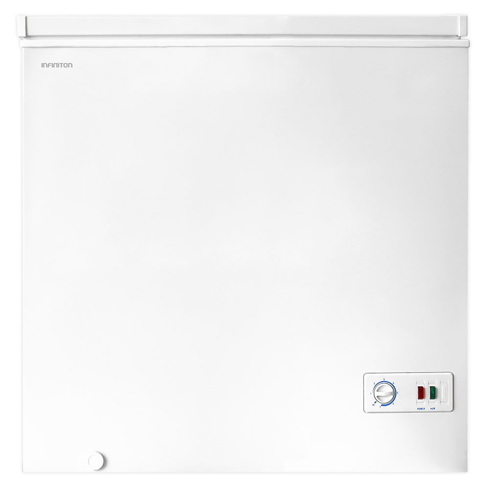 Congelador arcón Infinition blanco, cerrado. Panel de control abajo a la derecha.
