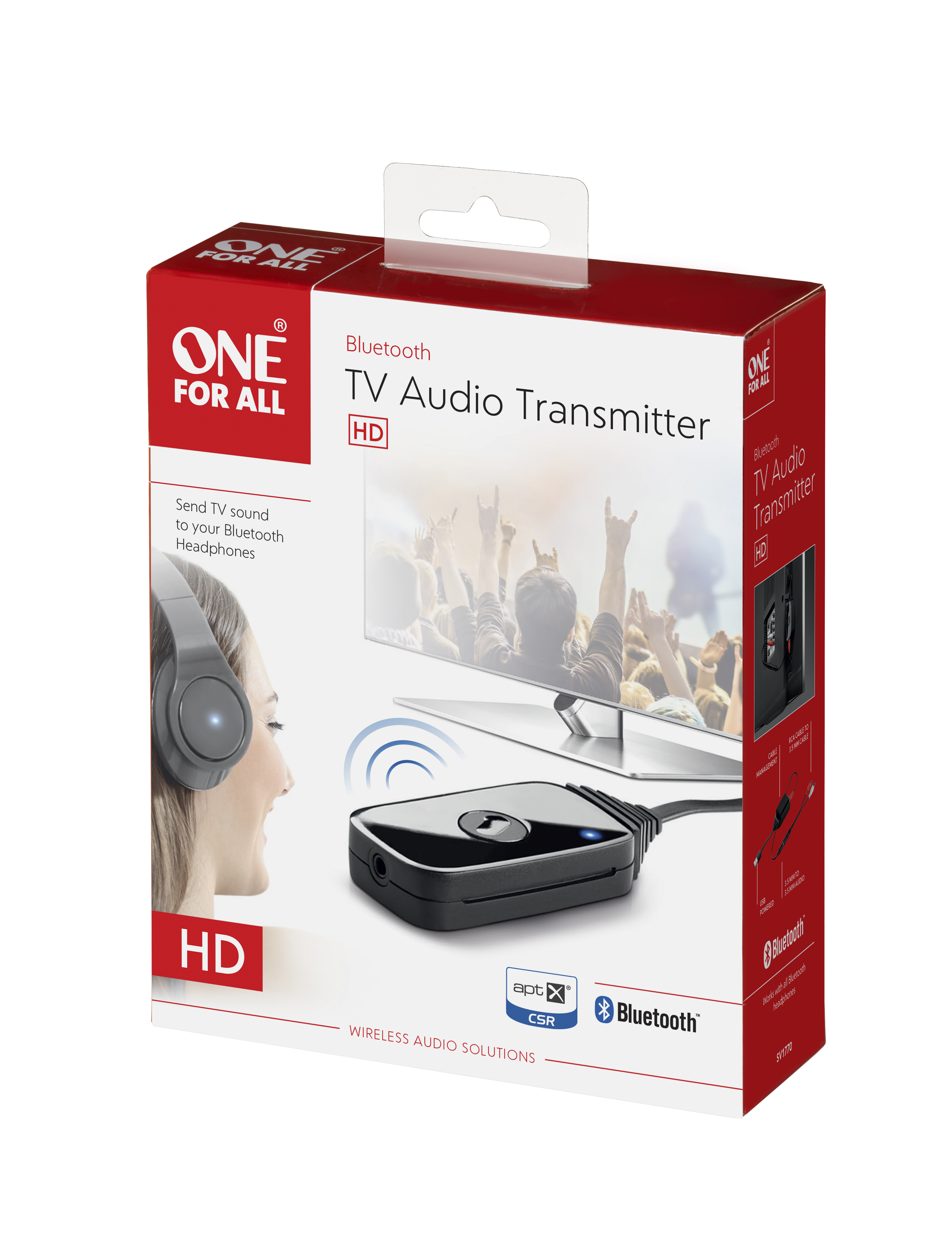 Caja con un dispositivo negro y auriculares, etiquetada como 'TV Audio Transmitter HD'.