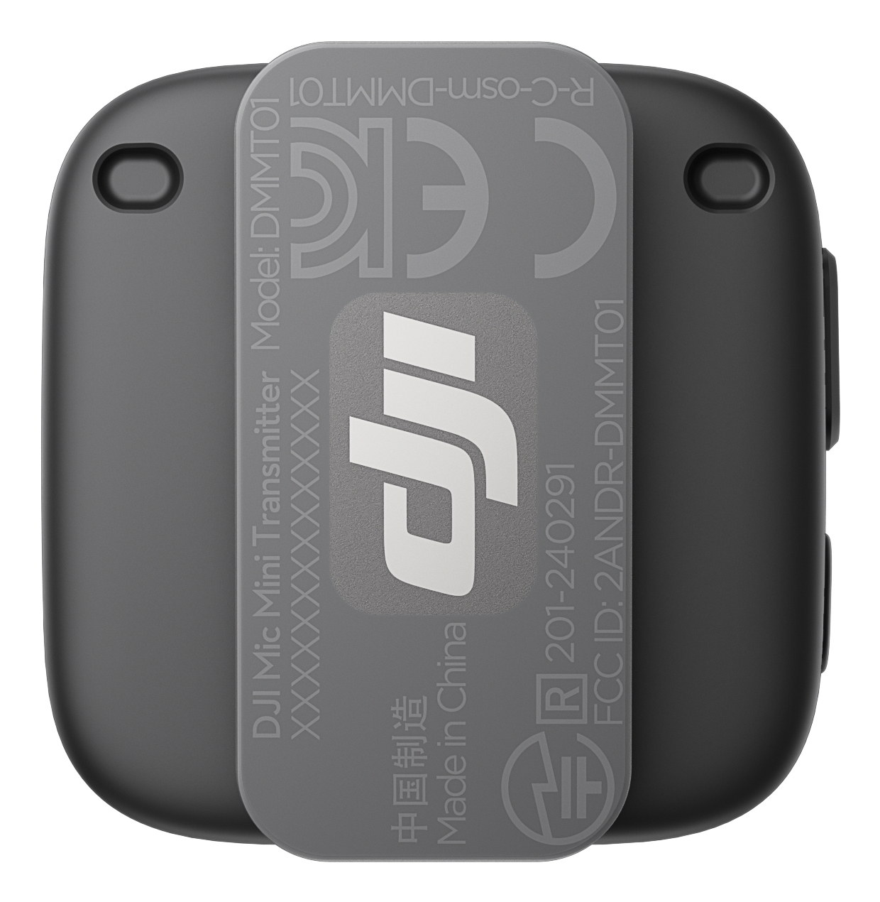 Szary nadajnik DJI Mini Mic z logo DJI i innymi oznaczeniami.