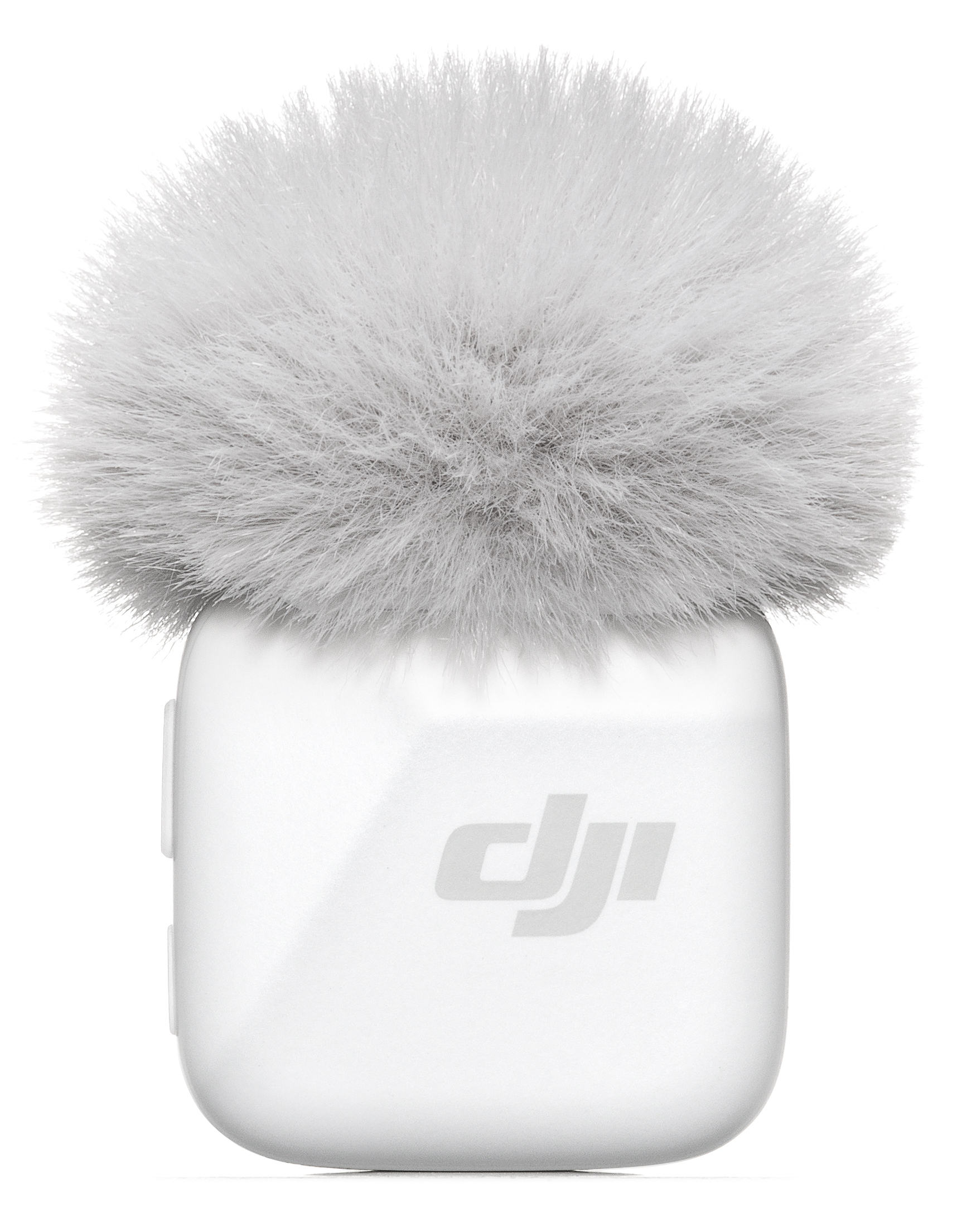 Biały nadajnik mikrofonu DJI na białym tle, z szarym logo DJI na przodzie.