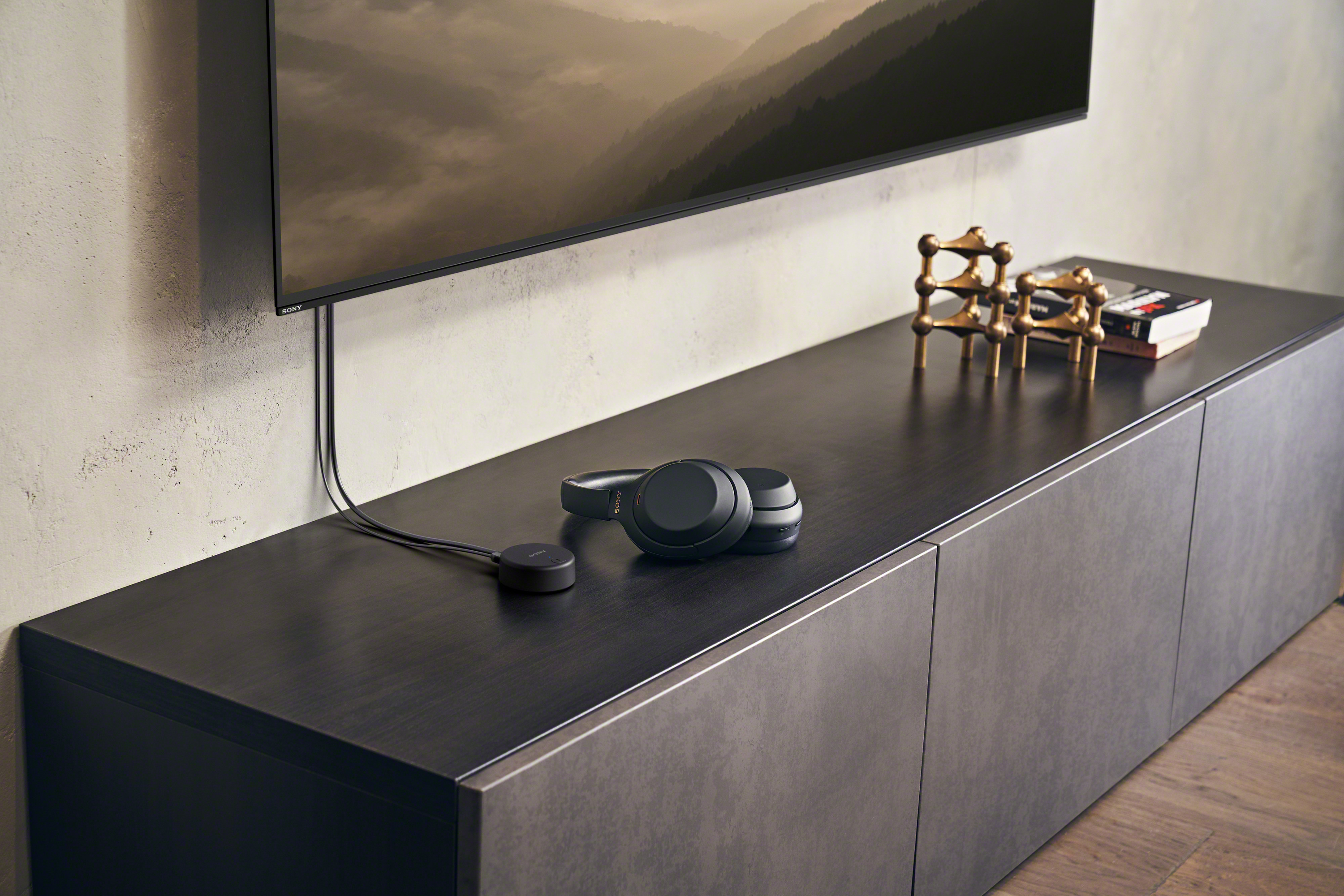 Un mueble negro con un televisor encima. Auriculares y un disco en el mueble.