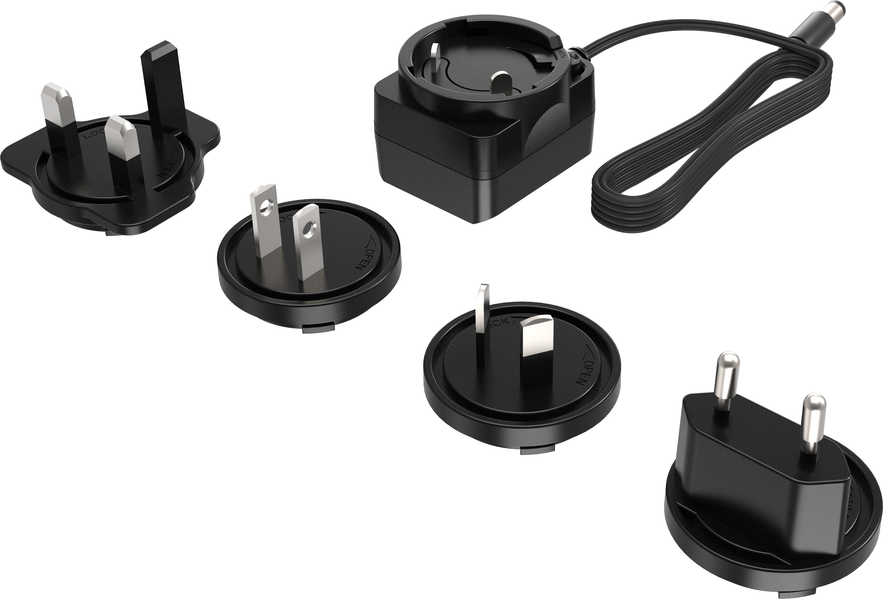Un set di adattatori di alimentazione neri con varie configurazioni di spina e un alimentatore.