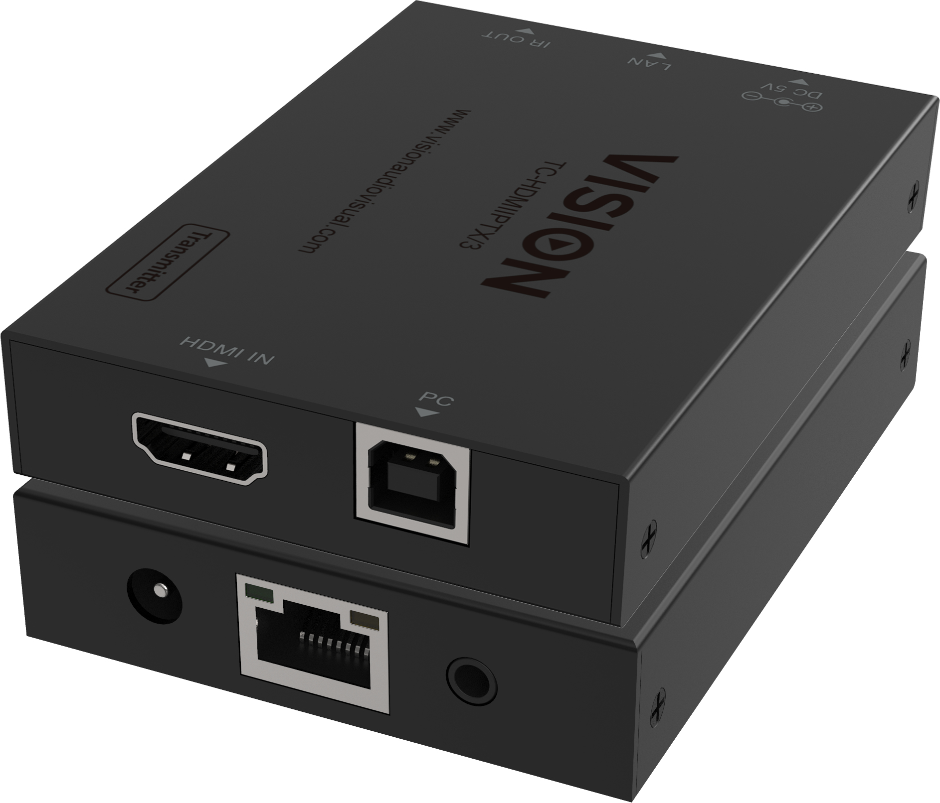 Due dispositivi Vision neri impilati, con varie porte ed etichette come HDMI IN, LAN e DC 5V.
