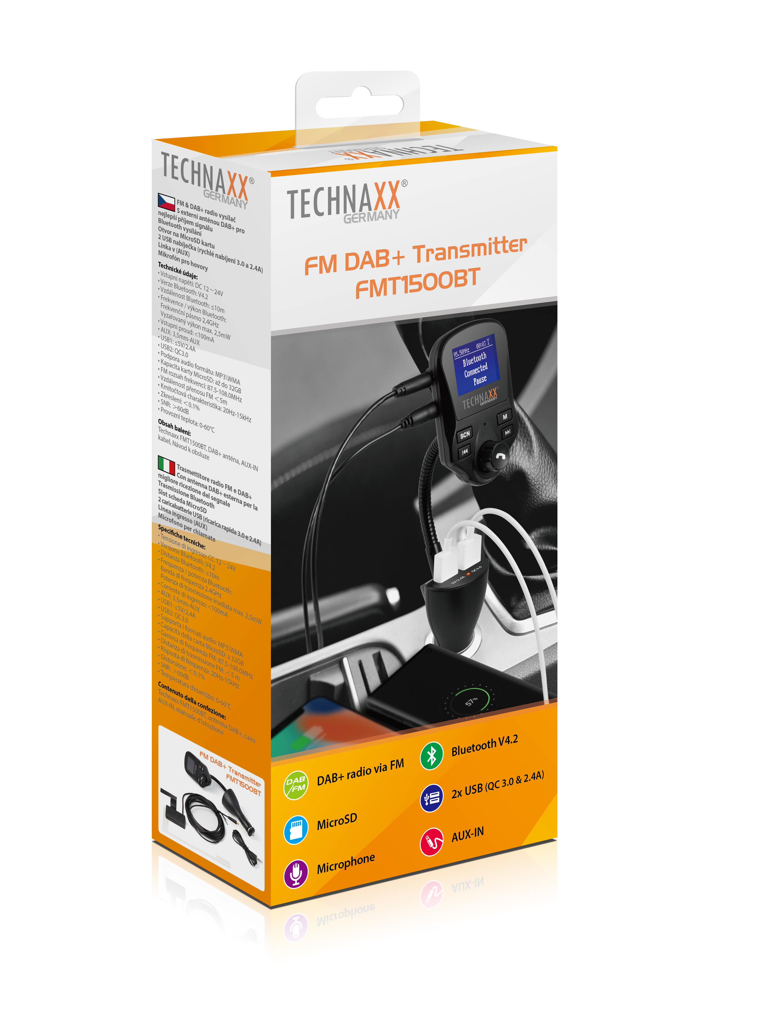 Eine Box für einen Auto-FM-Transmitter mit dem Gerät, Kabeln und Symbolen für Funktionen wie microSD und AUX-IN.