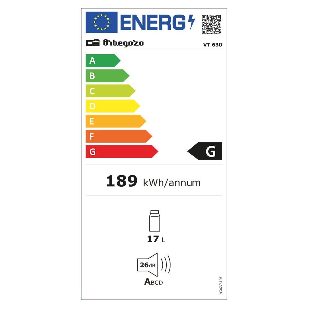 Etiqueta energética Orbegozo para un refrigerador, clasificada G, con 189 kWh/año y 17L de capacidad.
