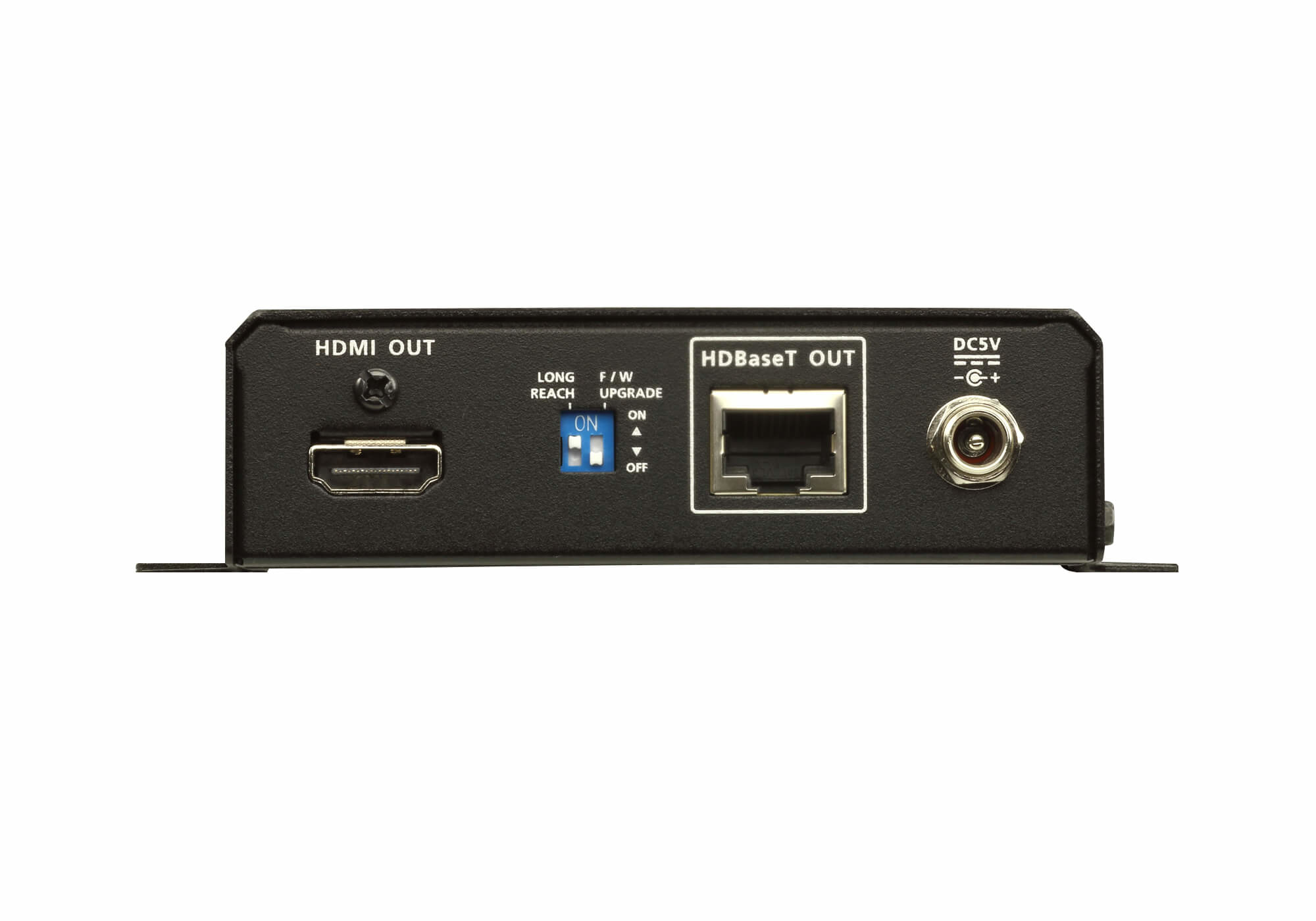Schwarze Box mit HDMI- und HDBaseT-Anschlüssen auf weißem Hintergrund.