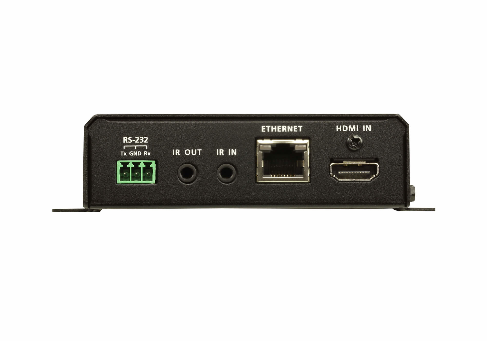Rückseite eines schwarzen elektronischen Geräts mit Anschlüssen für HDMI, Ethernet und RS-232.