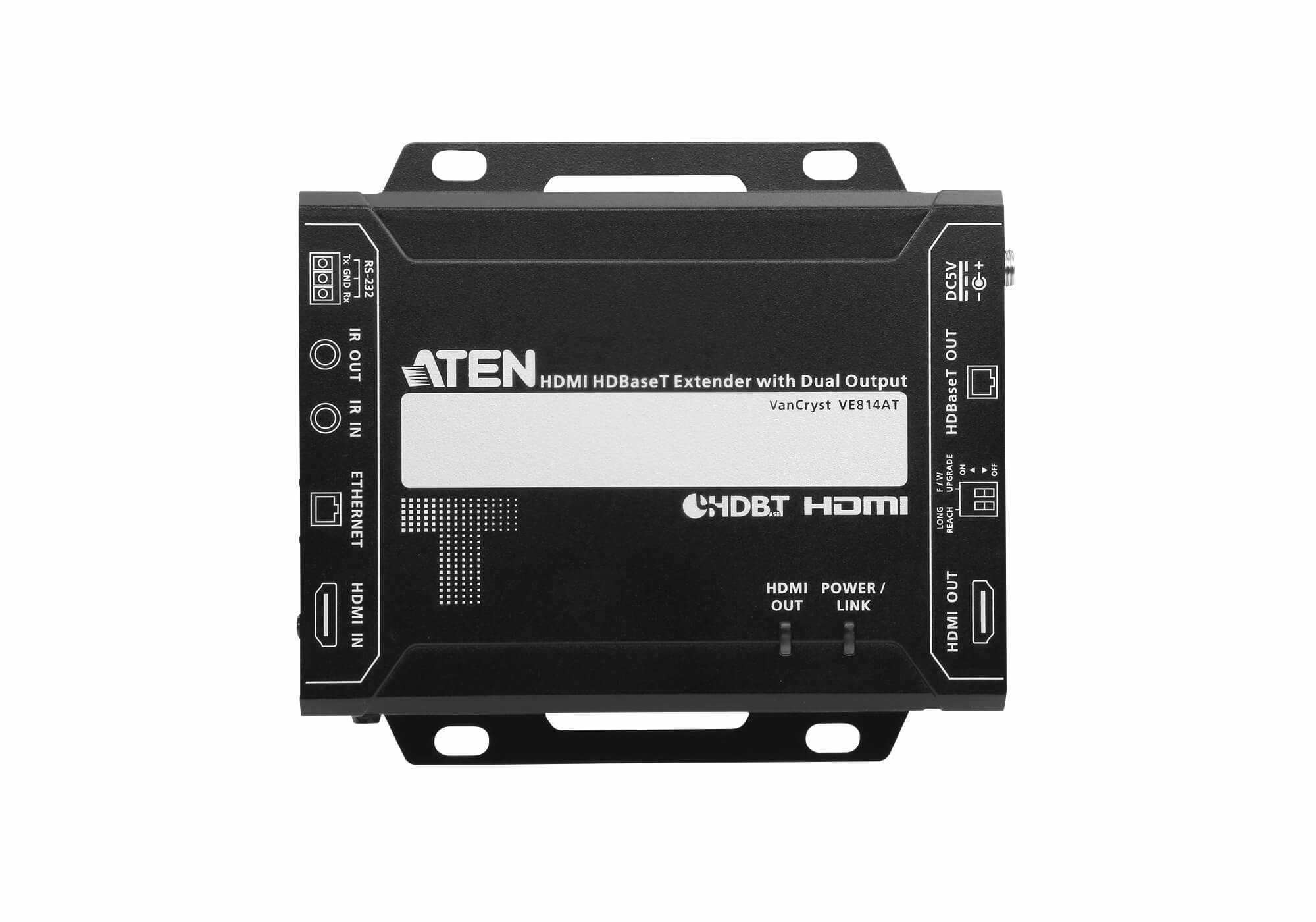 HDMI HDBaseT Extender mit dualem Ausgang. Draufsicht, isoliert.