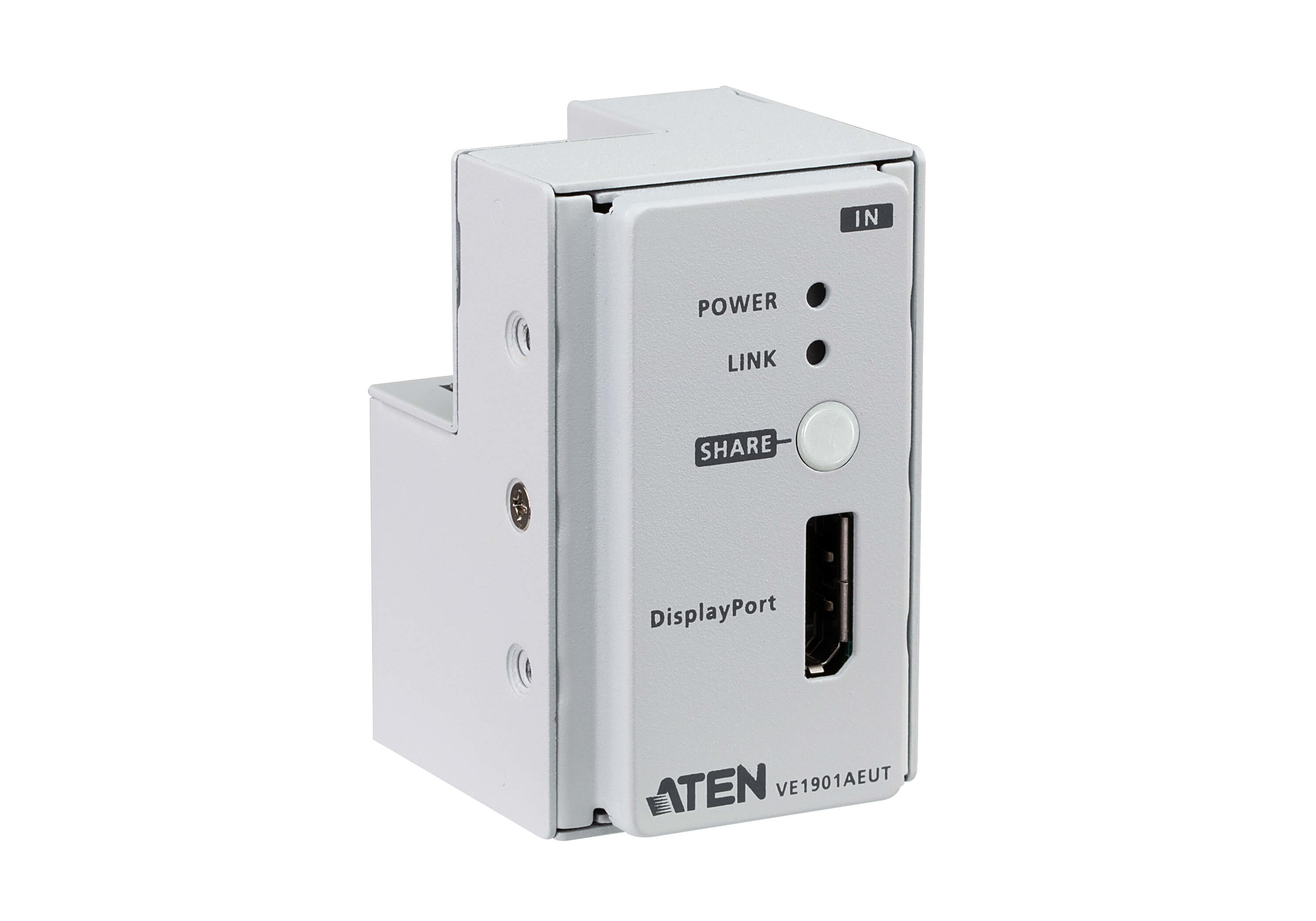 Un adattatore ATEN DisplayPort a USB, bianco e grigio.