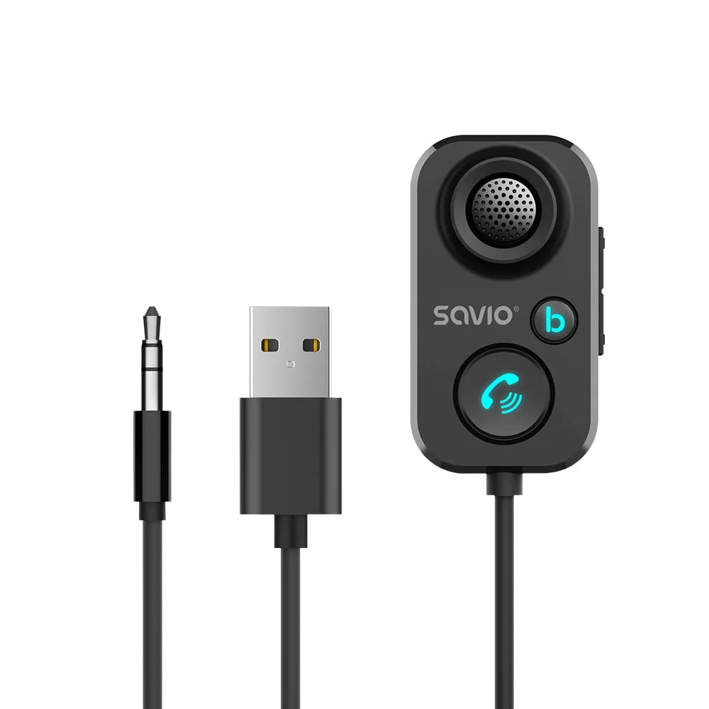 Czarne urządzenie Bluetooth z mikrofonem, USB i kablem 3,5 mm na białym tle.