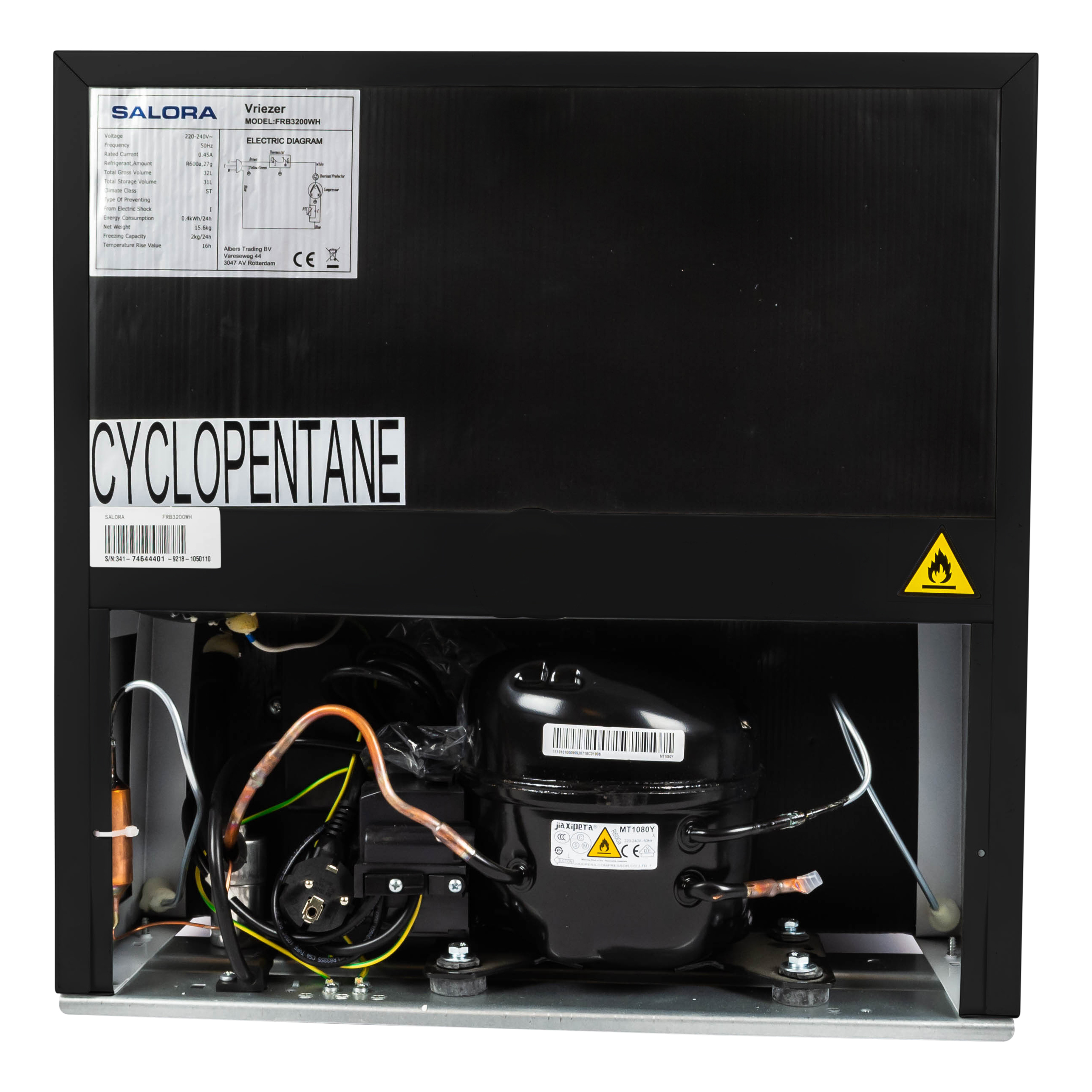 Refrigerator's back with labels and components.