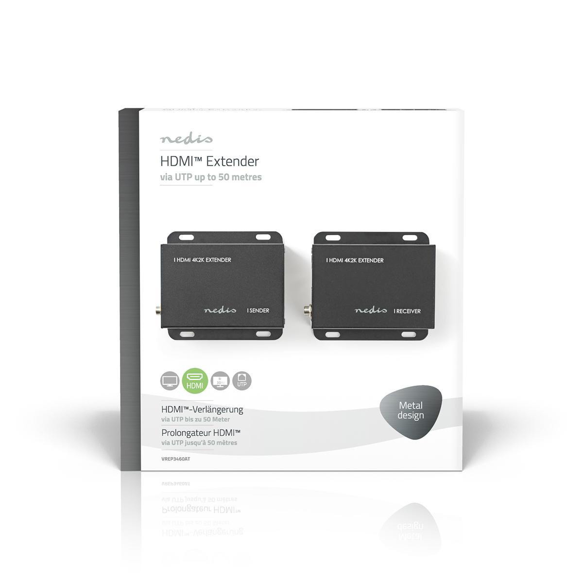 HDMI-Extender mit Box, schwarze Geräte, weißer Hintergrund.