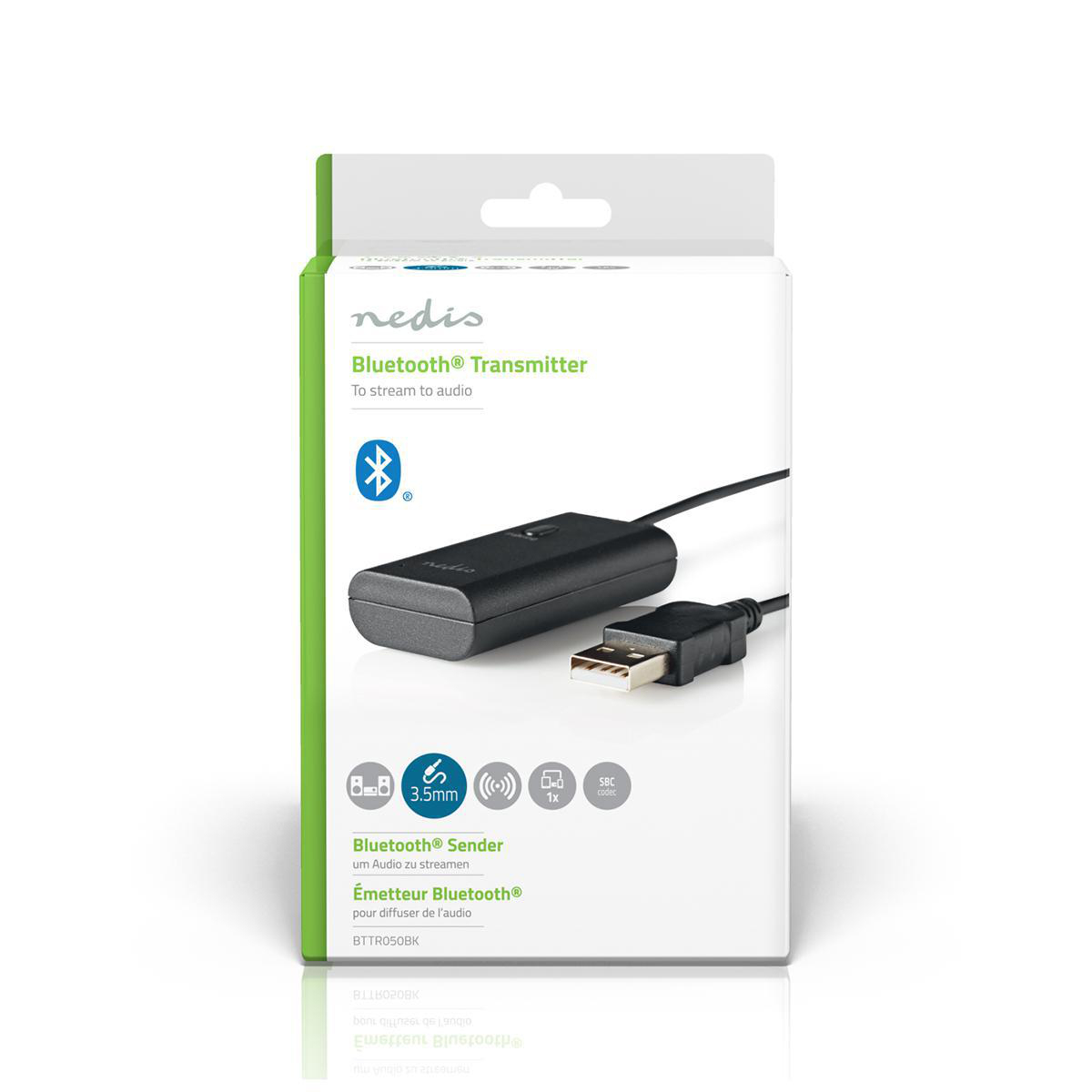 A black Nedis Bluetooth transmitter in its packaging.