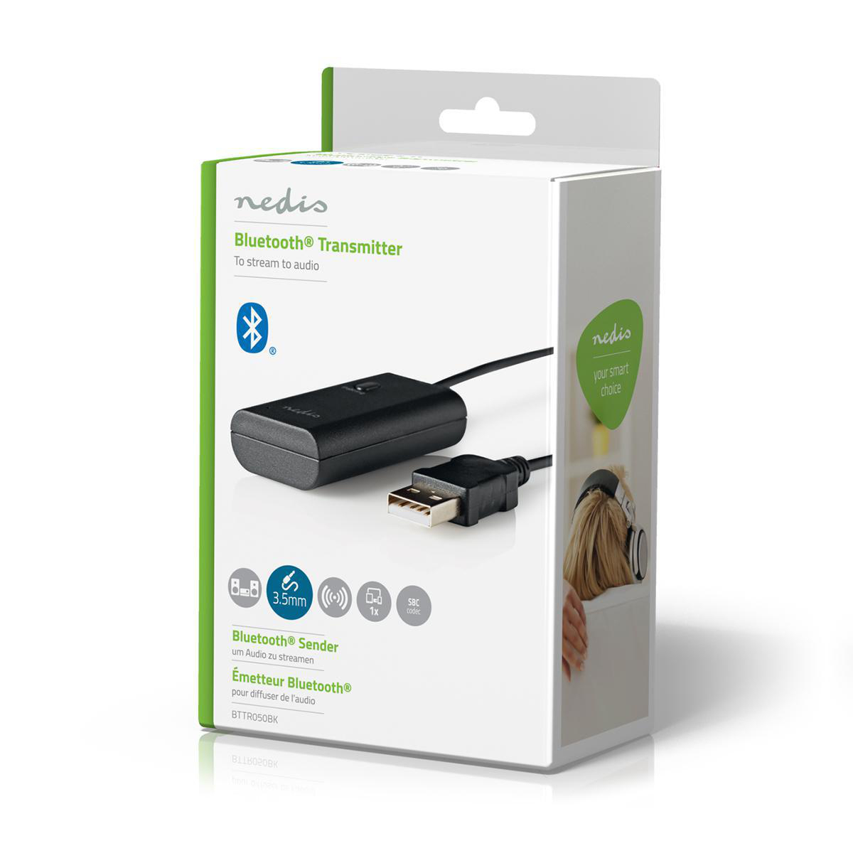 A black Nedis Bluetooth transmitter in its packaging.