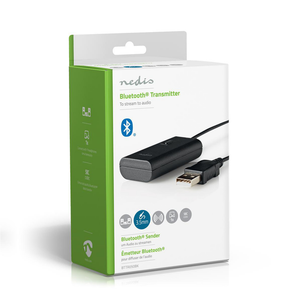 A product box for a Nedis Bluetooth transmitter, with the device and its features displayed.