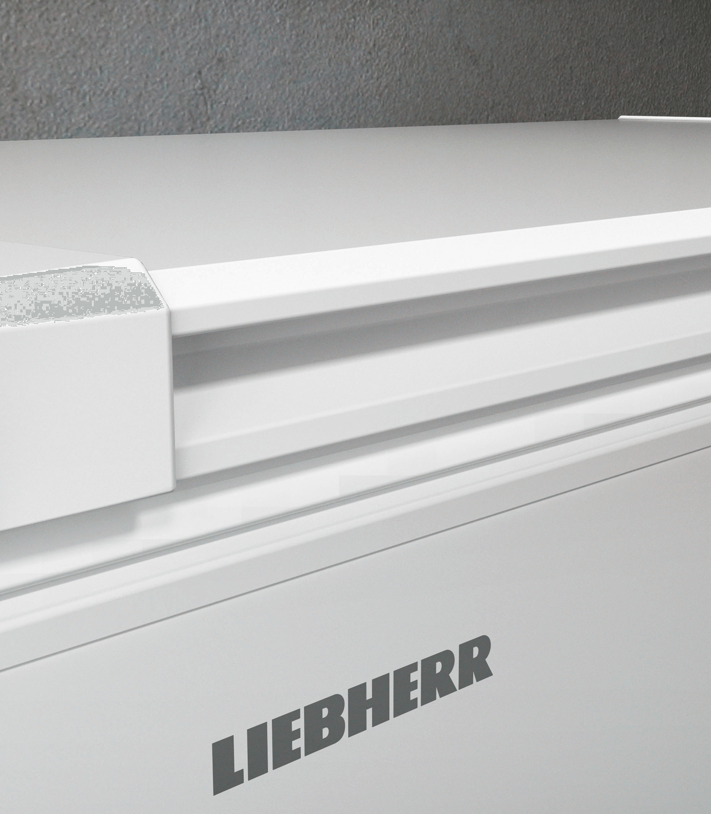 Primer plano de un congelador Liebherr blanco, mostrando el nombre de la marca.