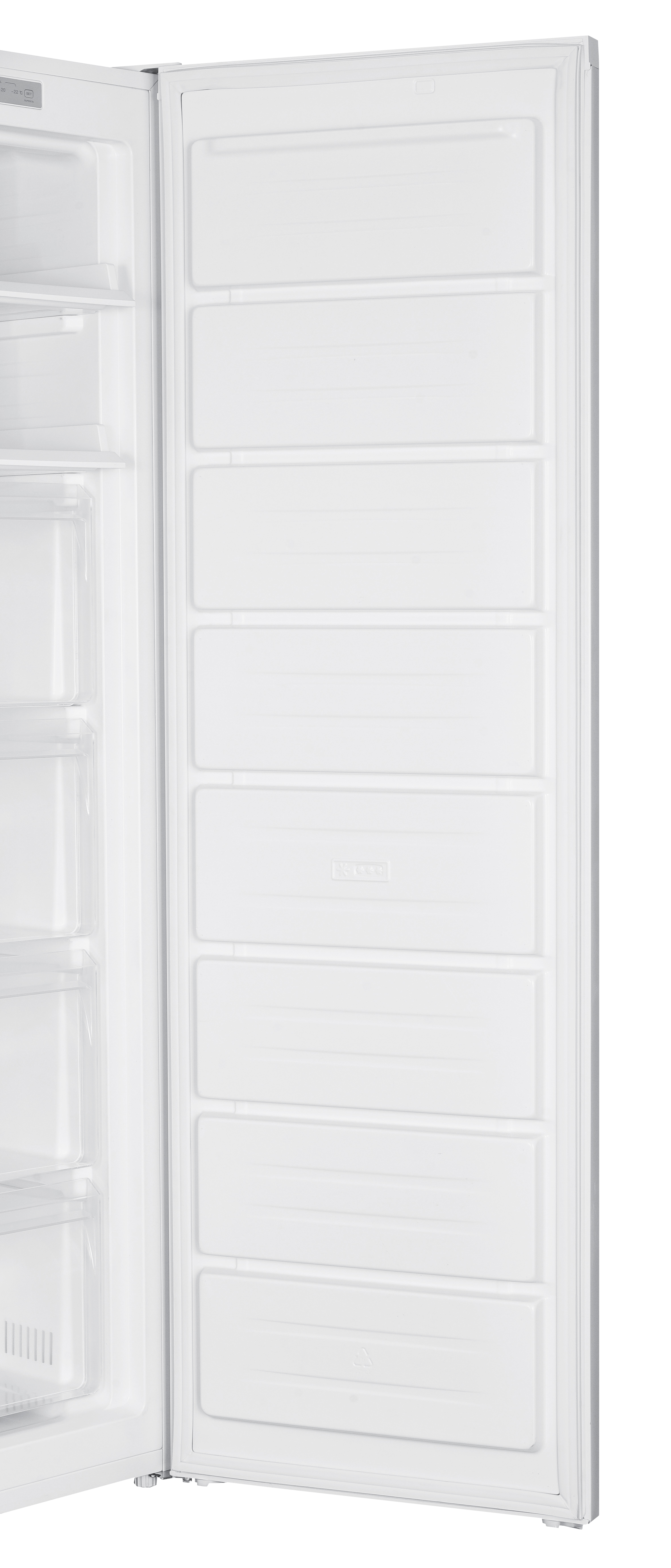 Congelador blanco con varios cajones abiertos, mostrando el interior.