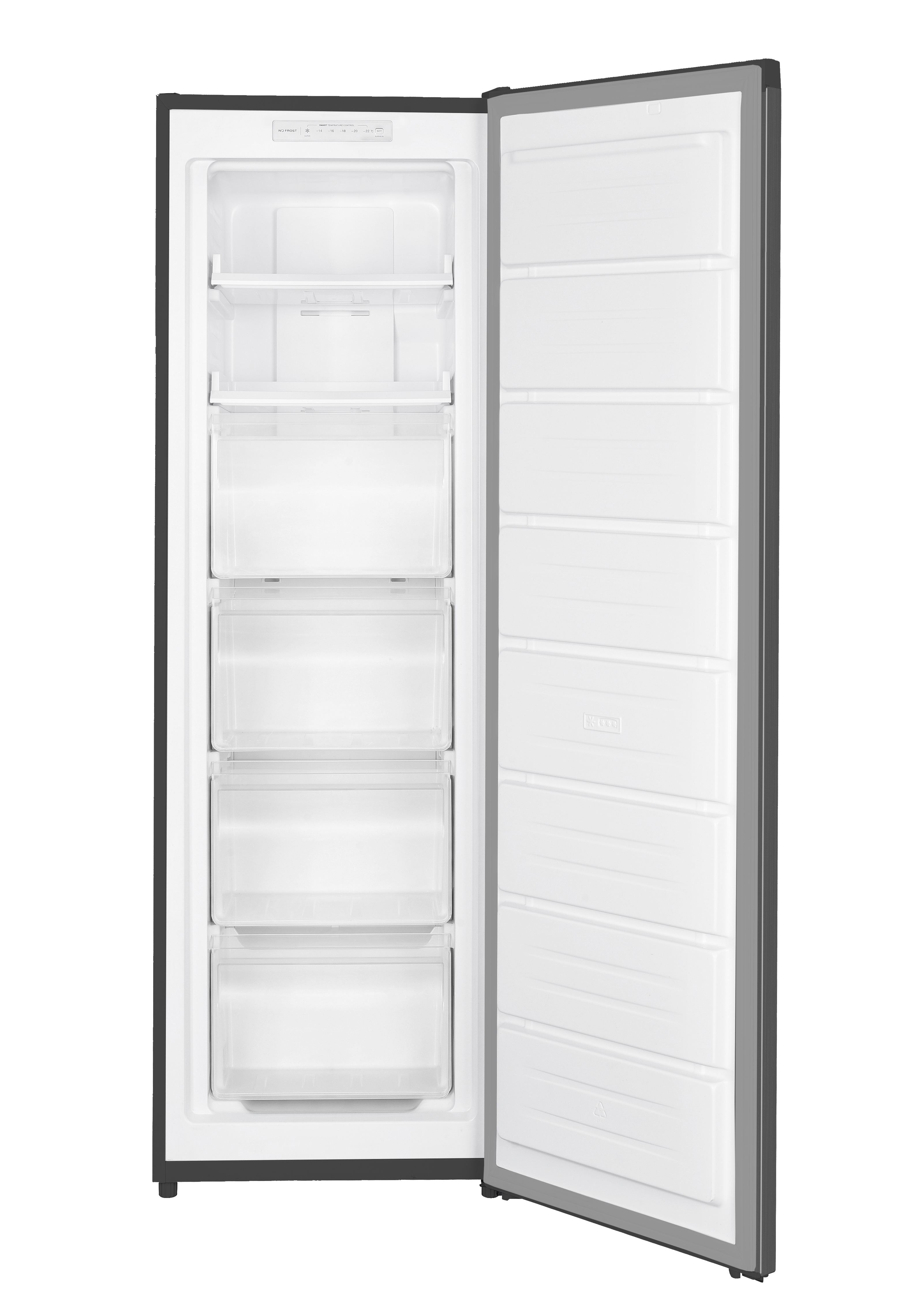 Un interior de refrigerador blanco con estantes y cajones, abierto.