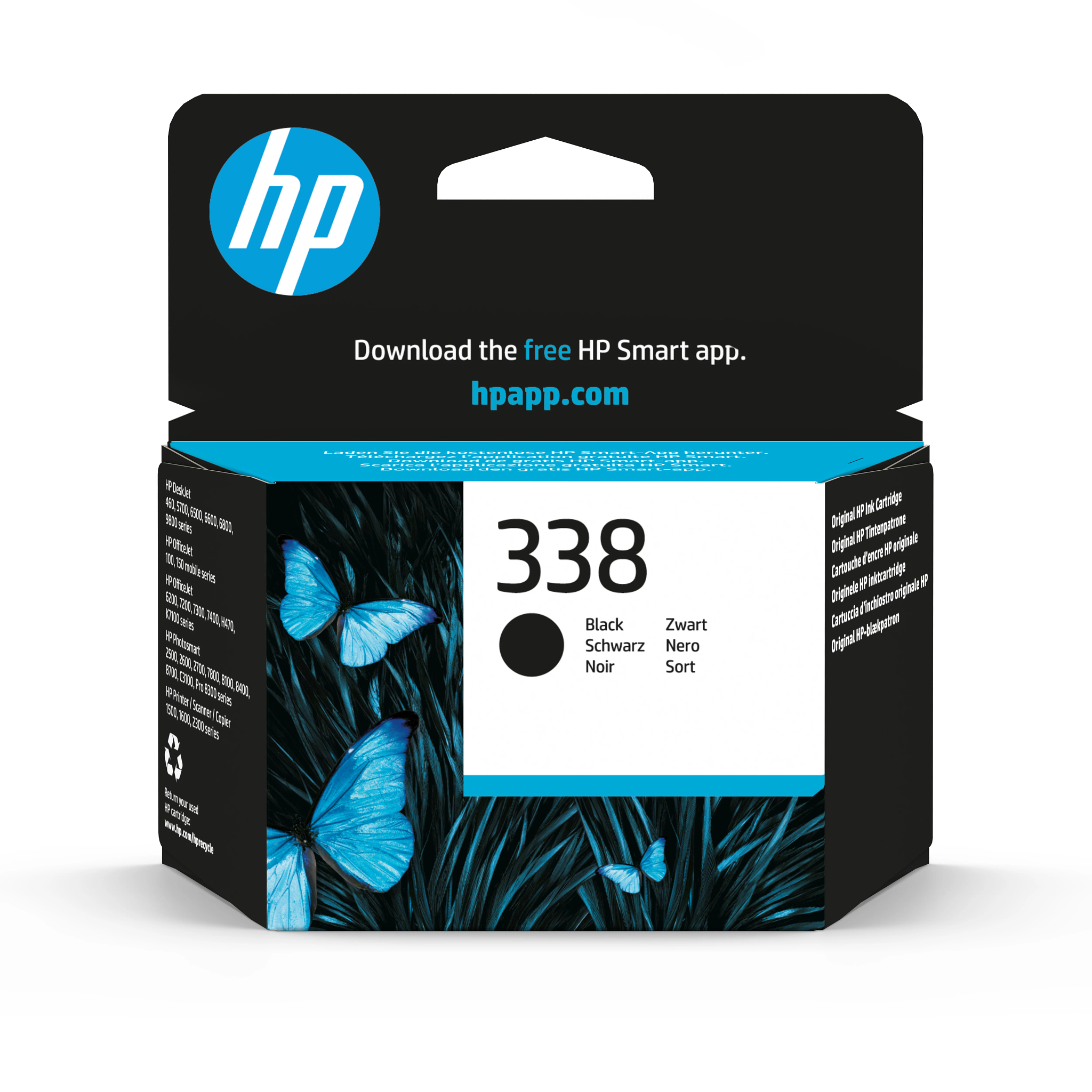 Schwarze und bunte HP-Tintenpatronenbox mit Schmetterlingen. Die Box hat den Text "338" in Großdruck.